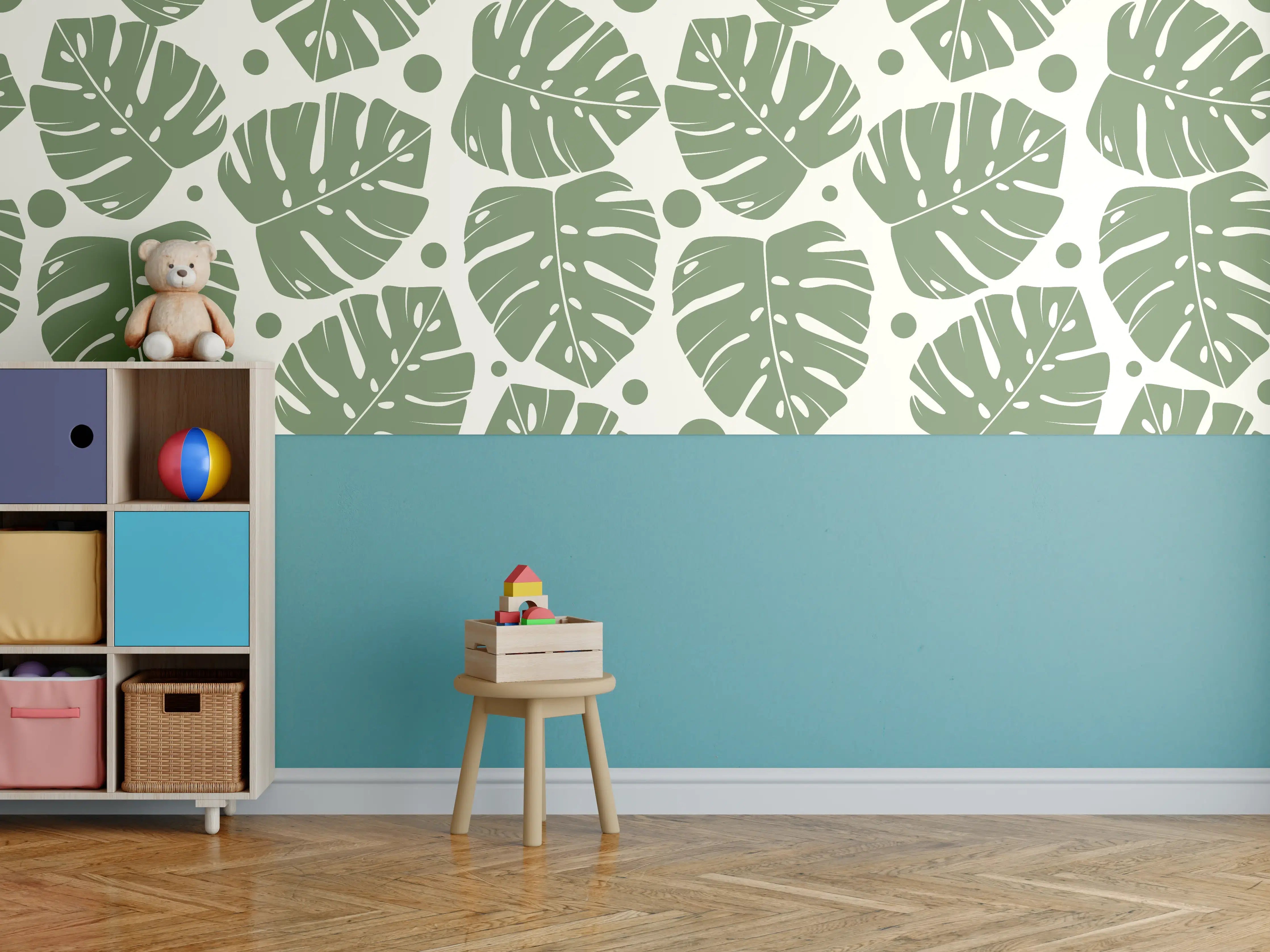 Kinderzimmer Wandgestaltung - Monstera-Blätter Cremegrün