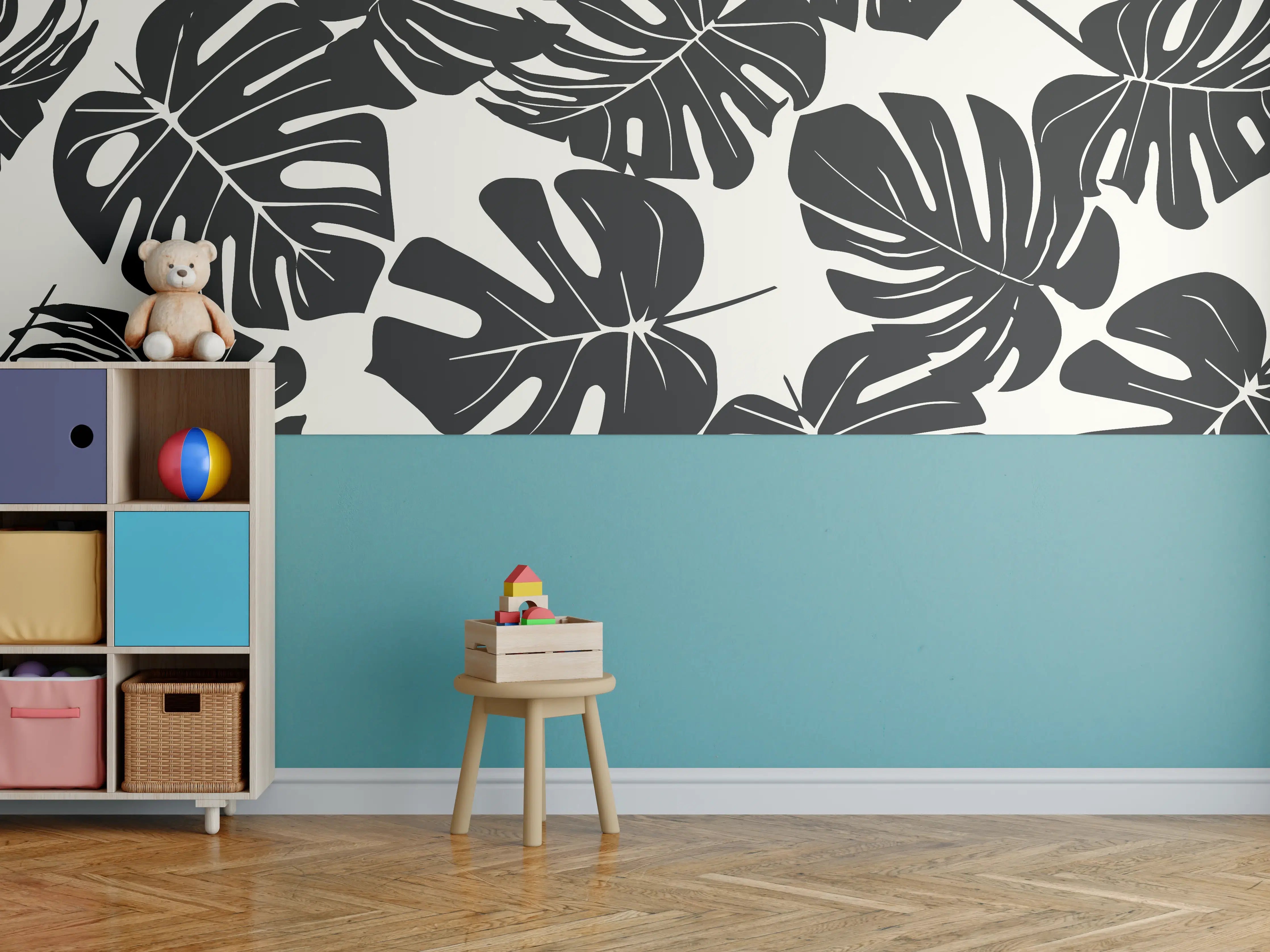 Kinderzimmer Wandgestaltung - Monstera Schwarz-Beige Muster