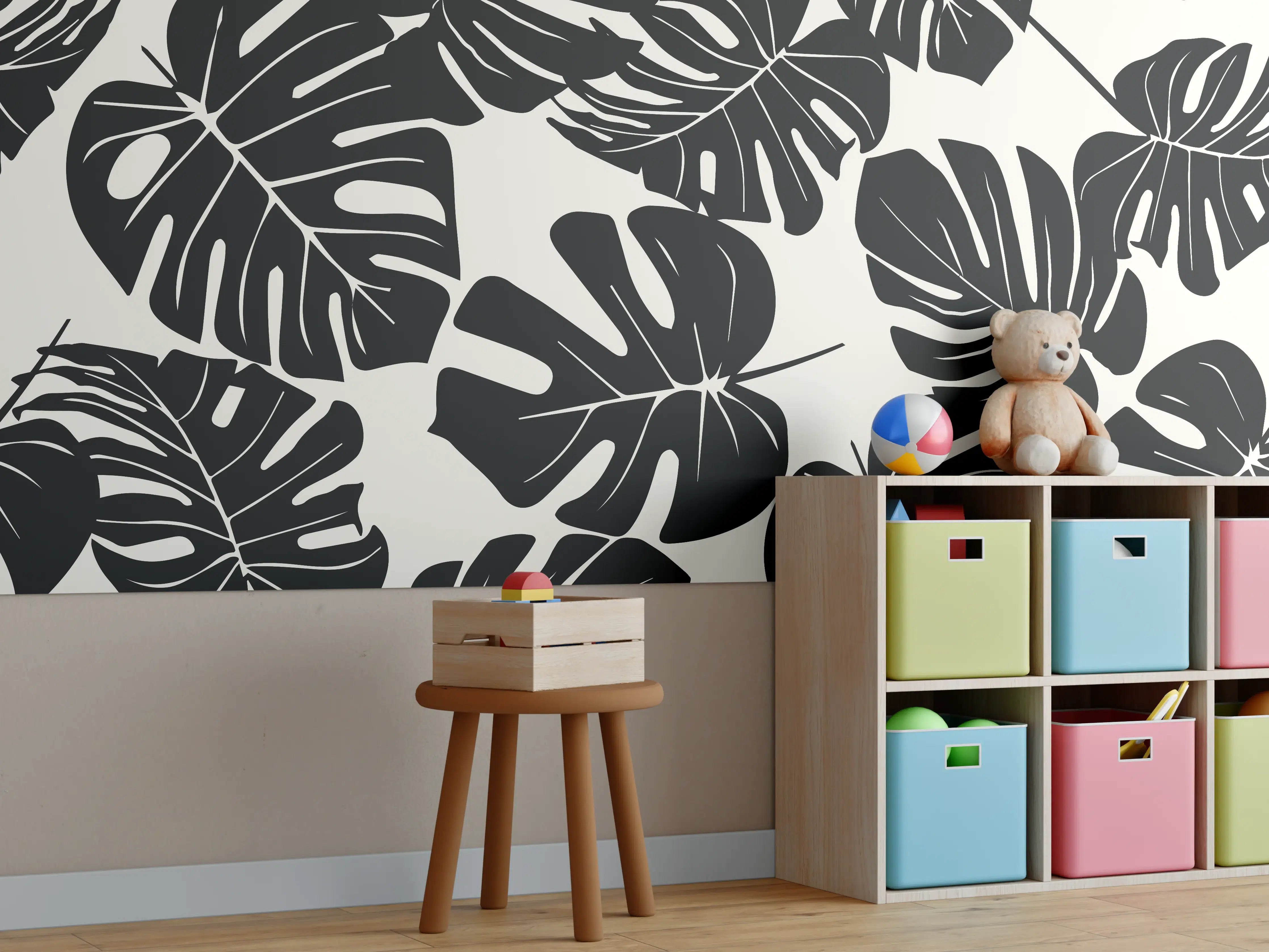 Kinderzimmer Wandgestaltung - Monstera Schwarz-Beige Muster