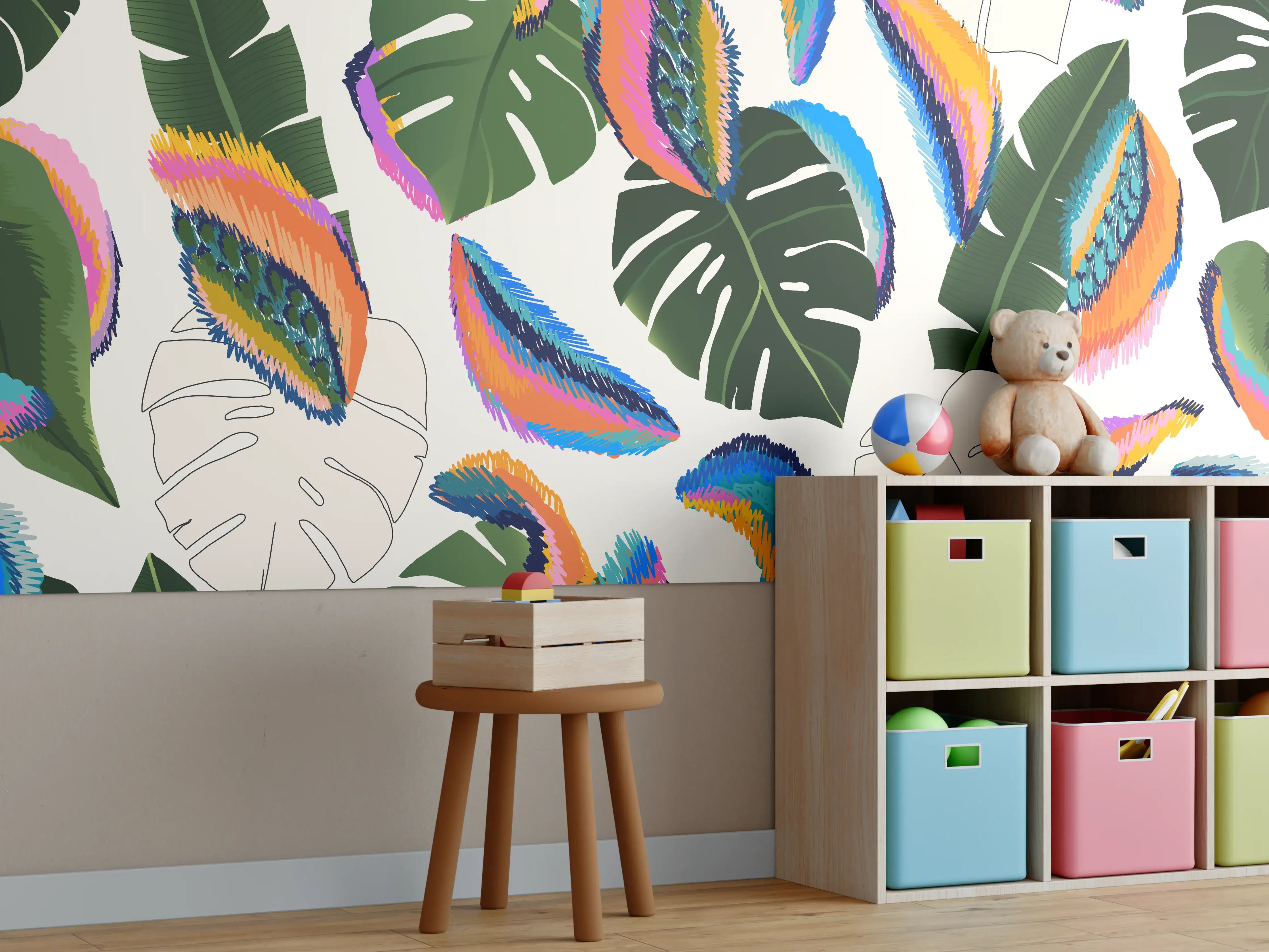 Kinderzimmer Wandgestaltung - Monstera Tropic Bunte Blätter