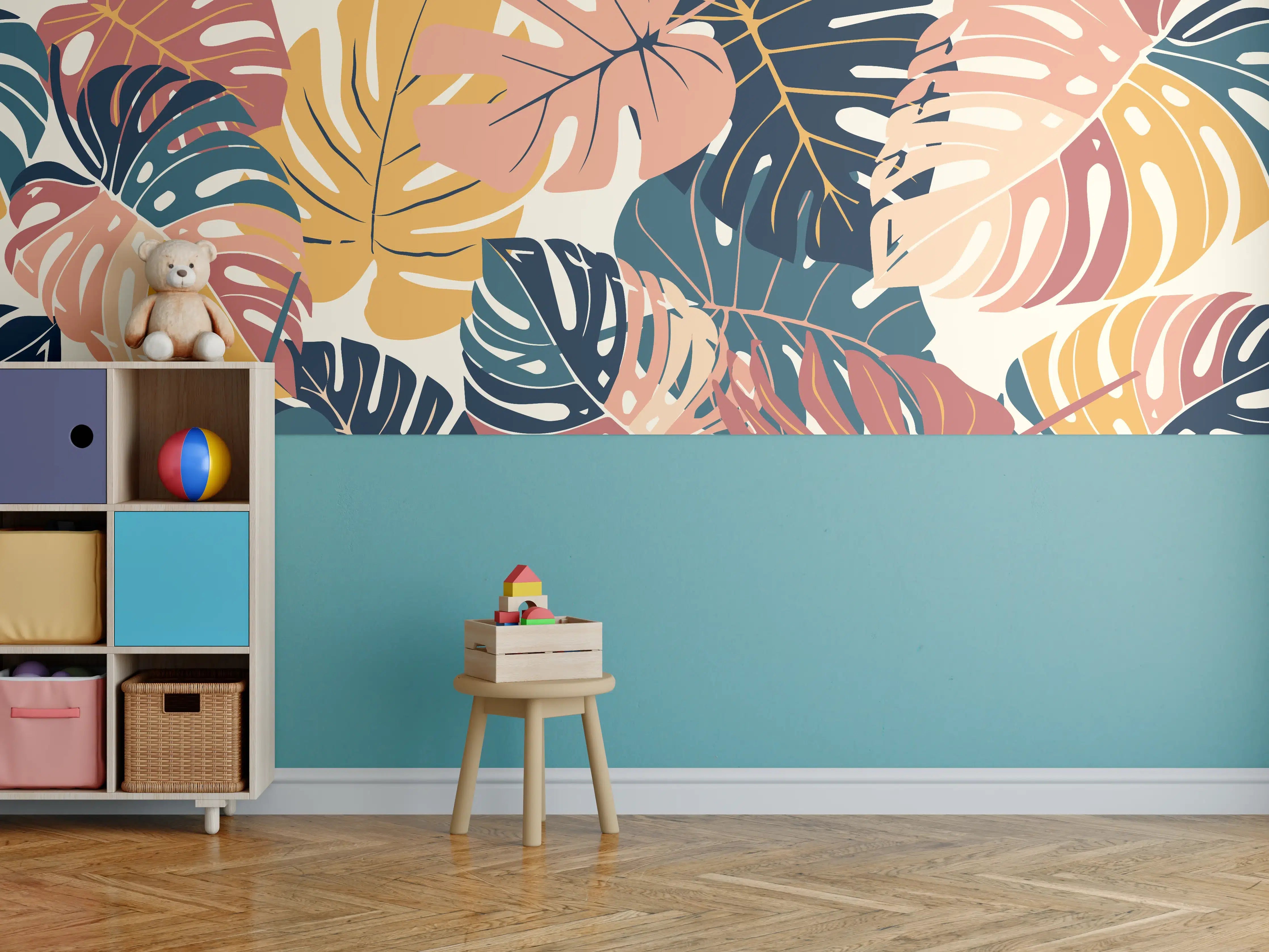 Kinderzimmer Wandgestaltung - Monstera Tropic Koralle Türkis