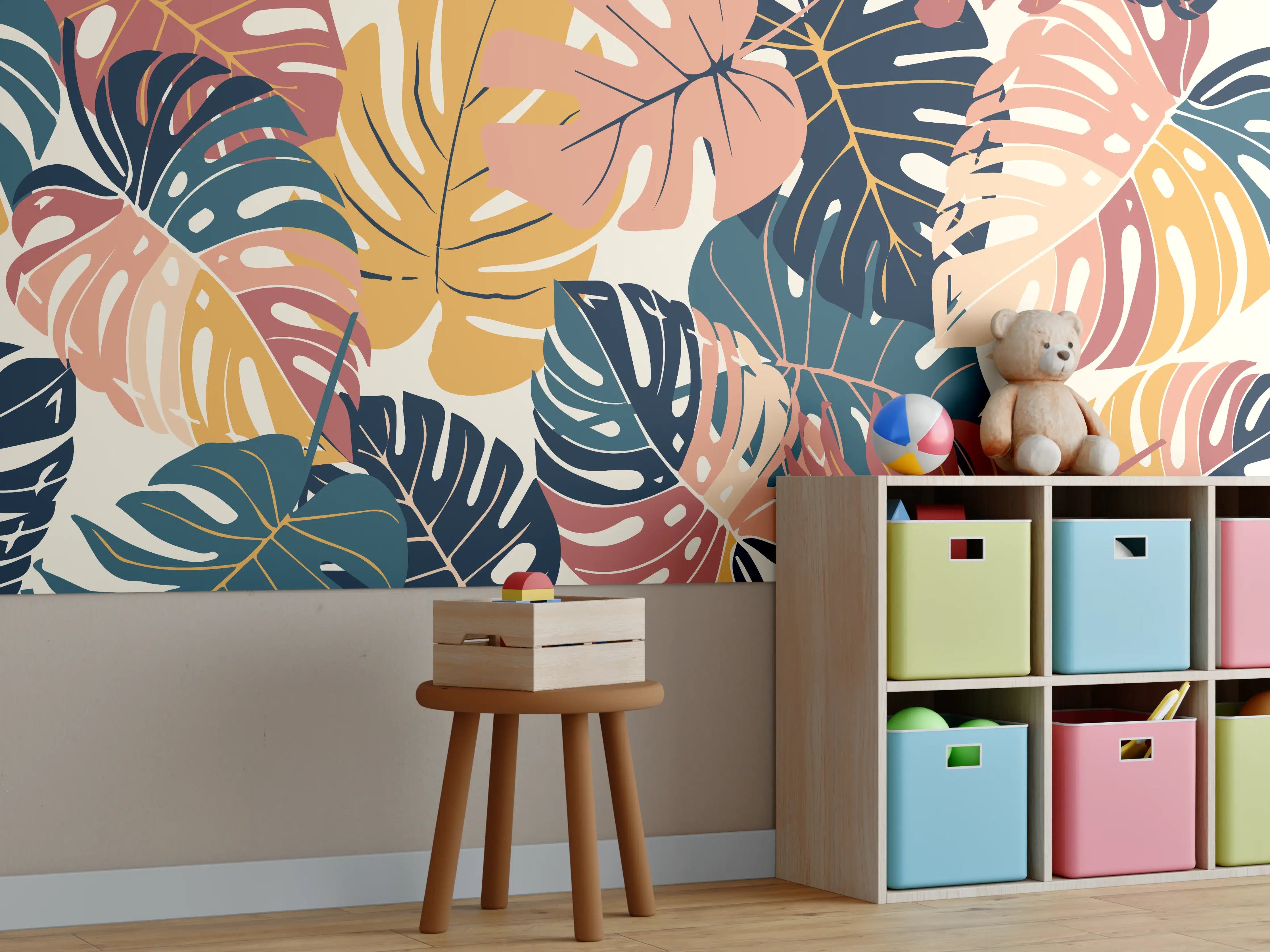 Kinderzimmer Wandgestaltung - Monstera Tropic Koralle Türkis