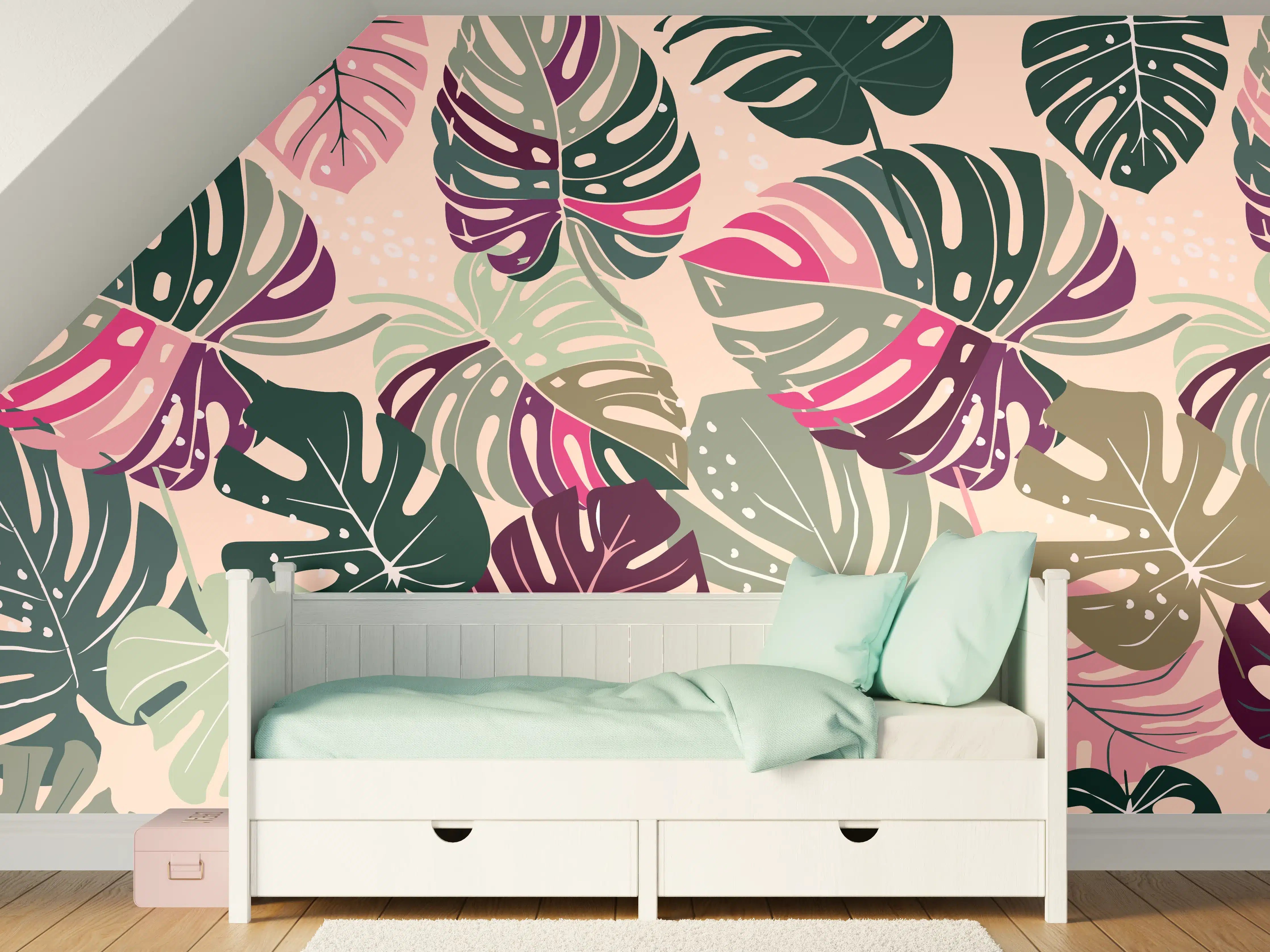 Kinderzimmer Wandgestaltung - Monstera Tropic Rosa-Grün