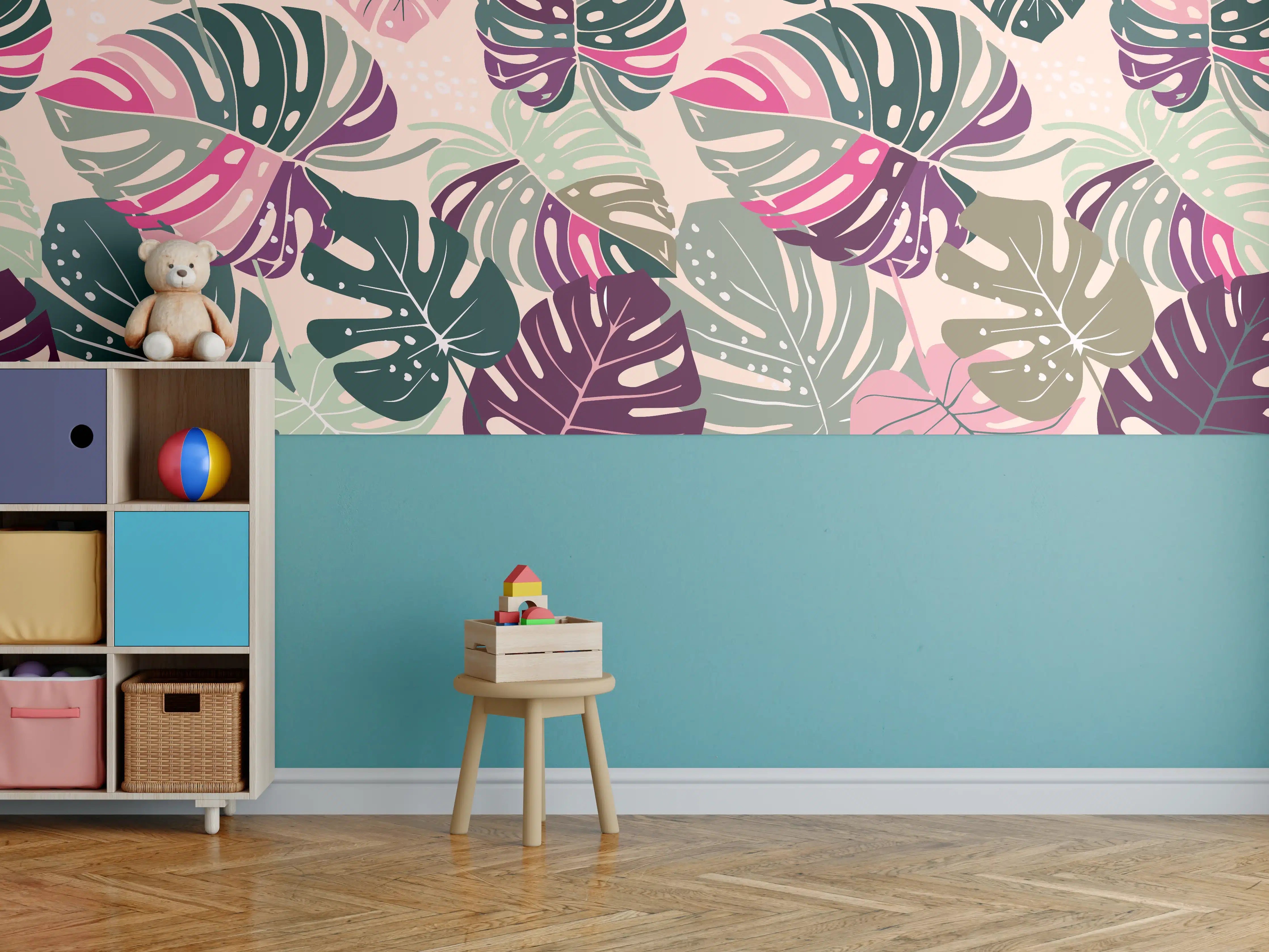 Kinderzimmer Wandgestaltung - Monstera Tropic Rosa-Grün