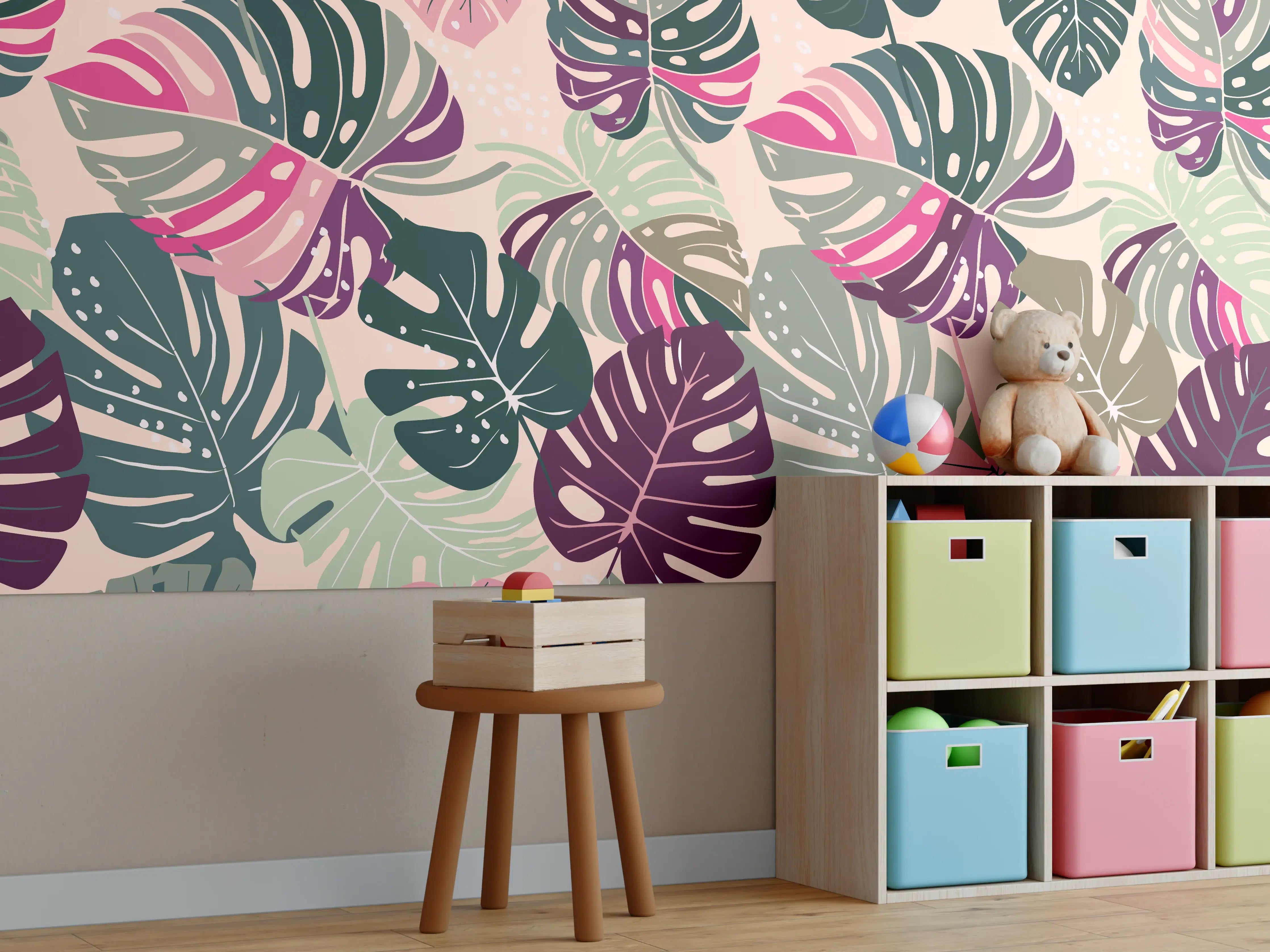 Kinderzimmer Wandgestaltung - Monstera Tropic Rosa-Grün
