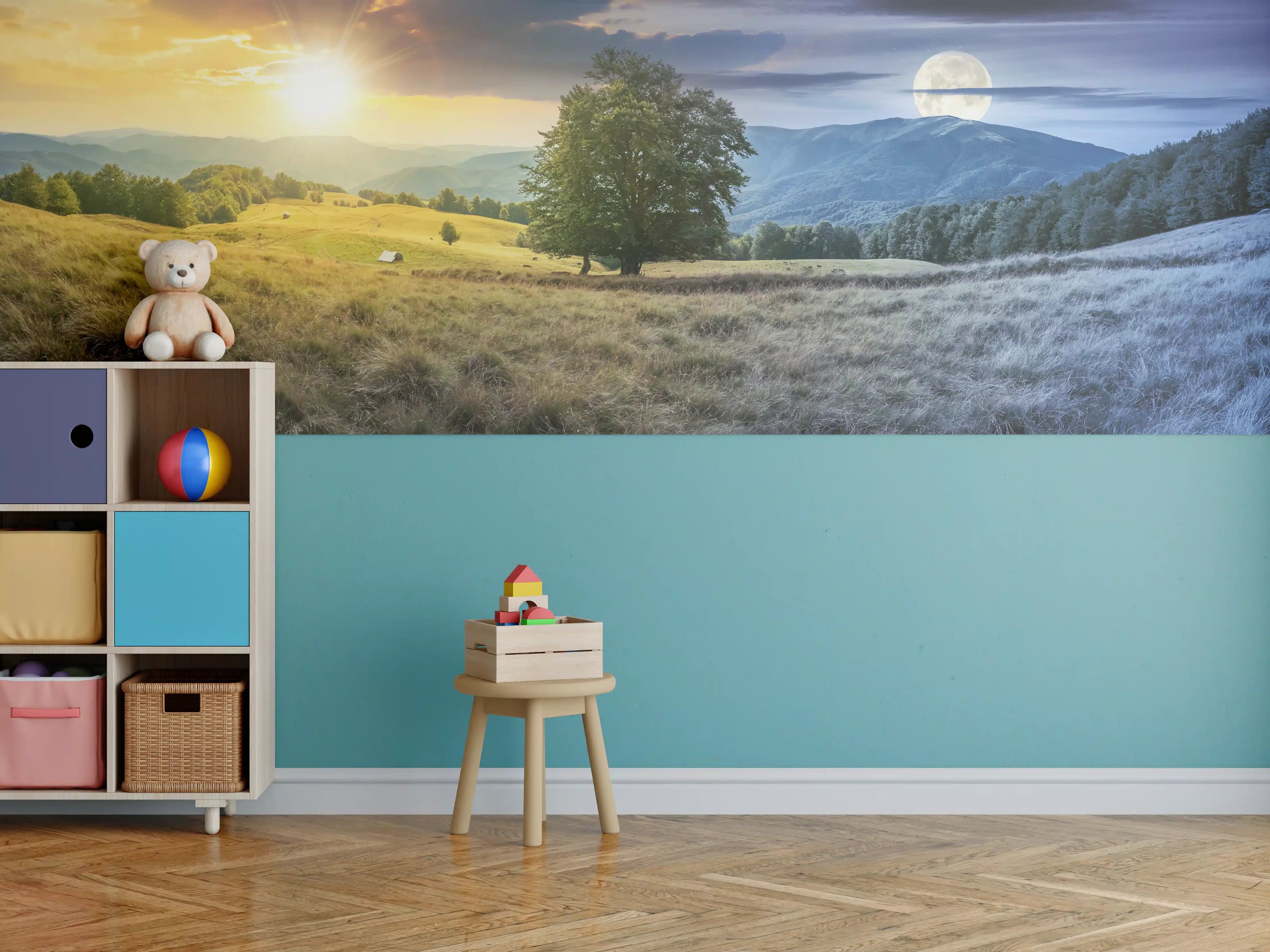 Kinderzimmer Wandgestaltung - Morgen- und Abendstimmung im Sonnenaufgang und Mondlicht