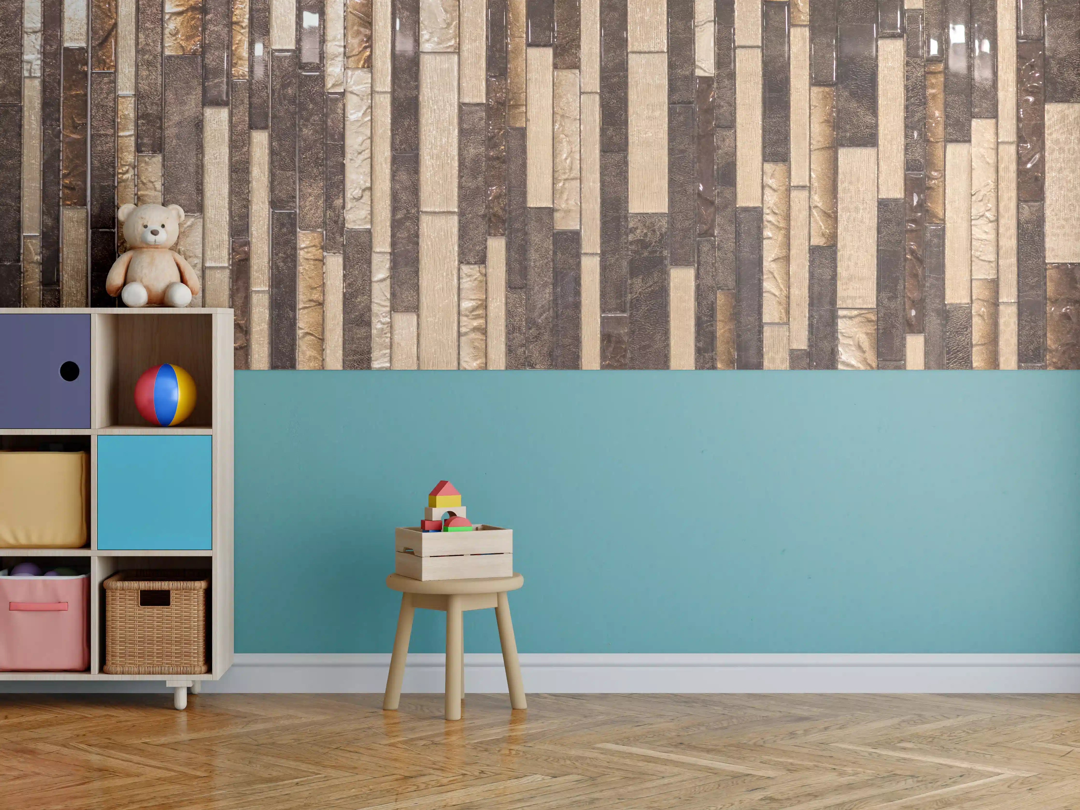 Kinderzimmer Wandgestaltung - Mosaik Holzoptik Braun Beige