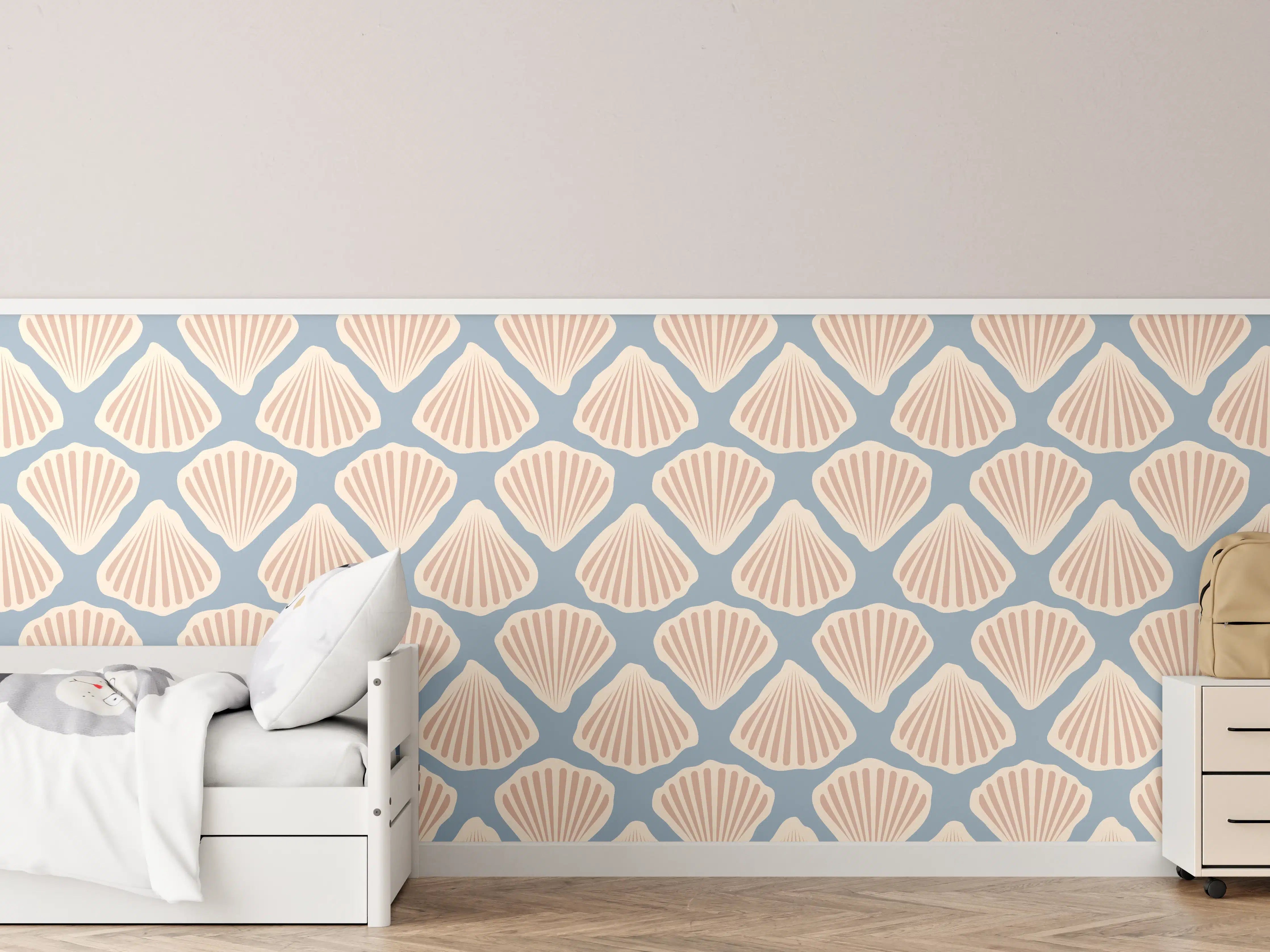 Kinderzimmer Wandgestaltung - Muschel-Muster Türkis-Beige Tapete