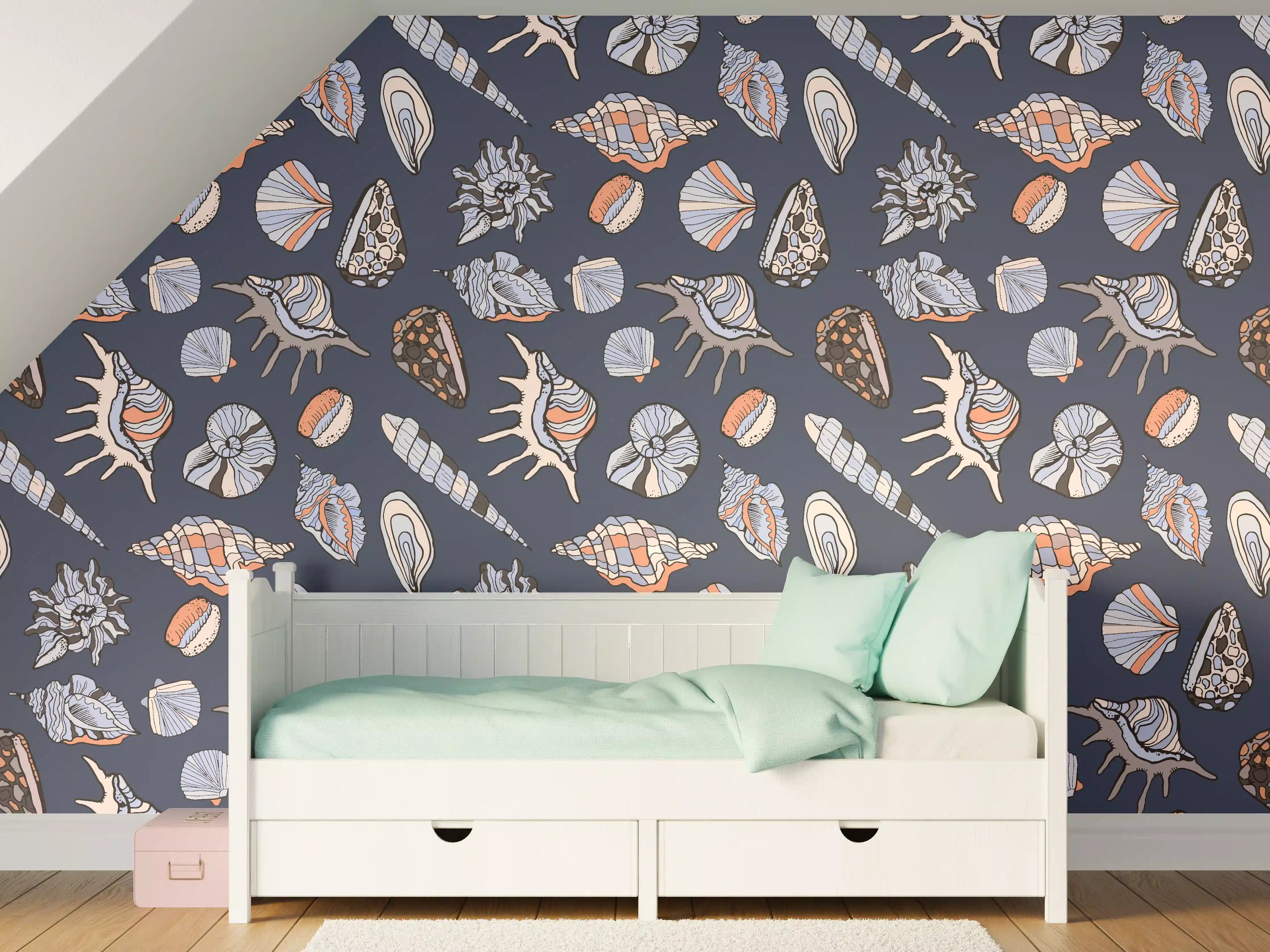 Kinderzimmer Wandgestaltung - Muschelmuster Navy Beige Orange
