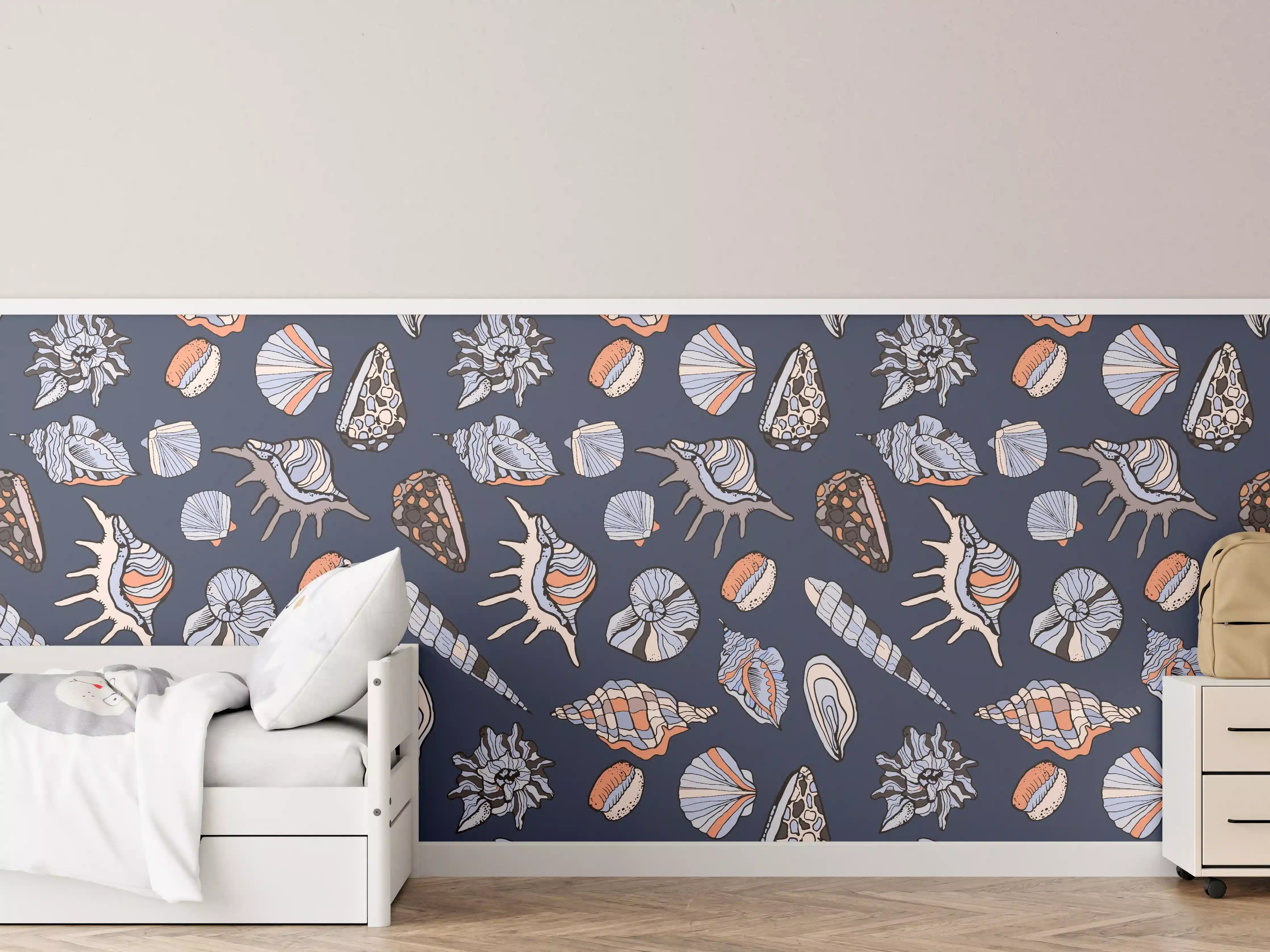 Kinderzimmer Wandgestaltung - Muschelmuster Navy Beige Orange