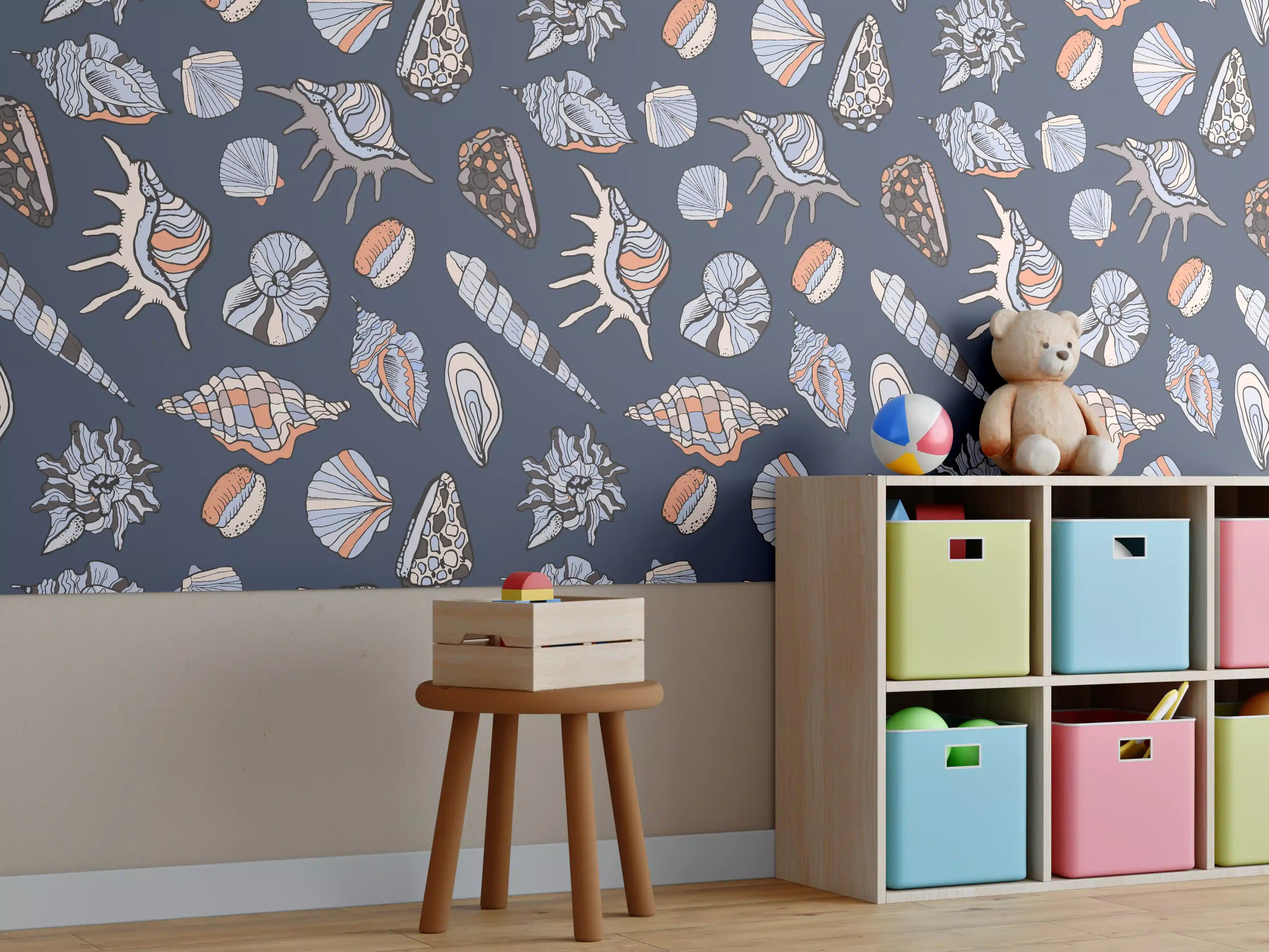 Kinderzimmer Wandgestaltung - Muschelmuster Navy Beige Orange