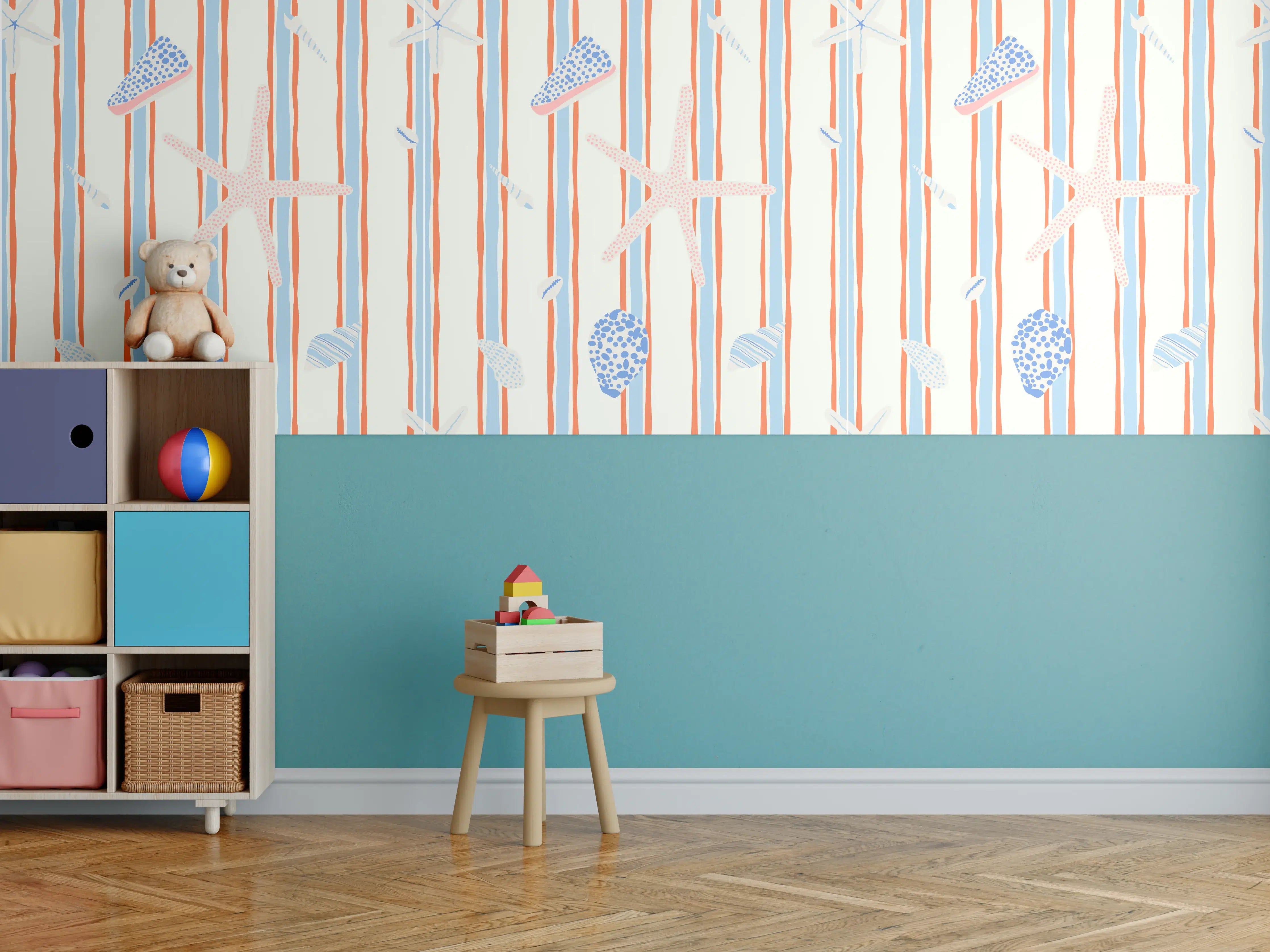 Kinderzimmer Wandgestaltung - Muschelstreifen Strandtapete Blau-Orange