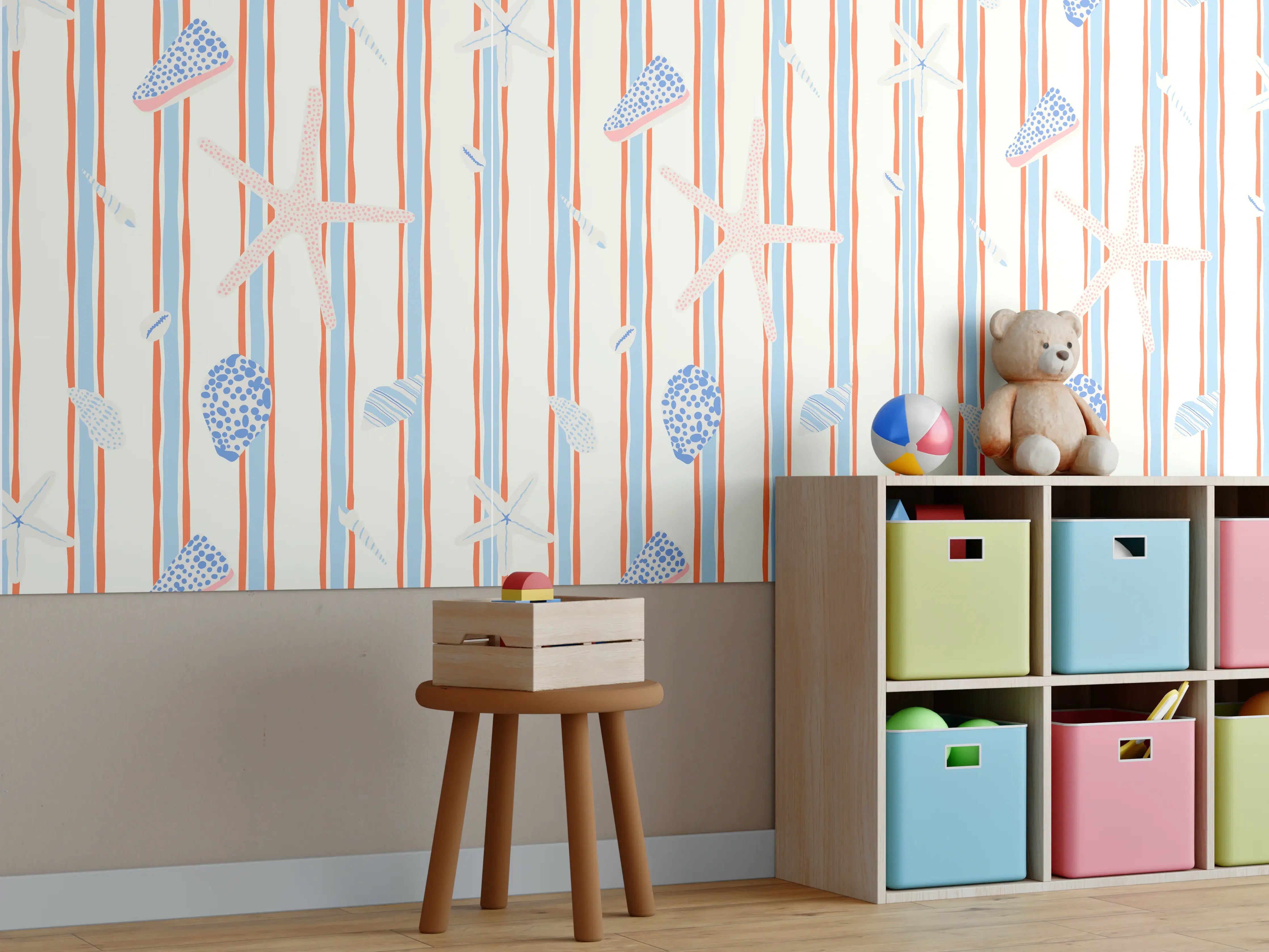 Kinderzimmer Wandgestaltung - Muschelstreifen Strandtapete Blau-Orange