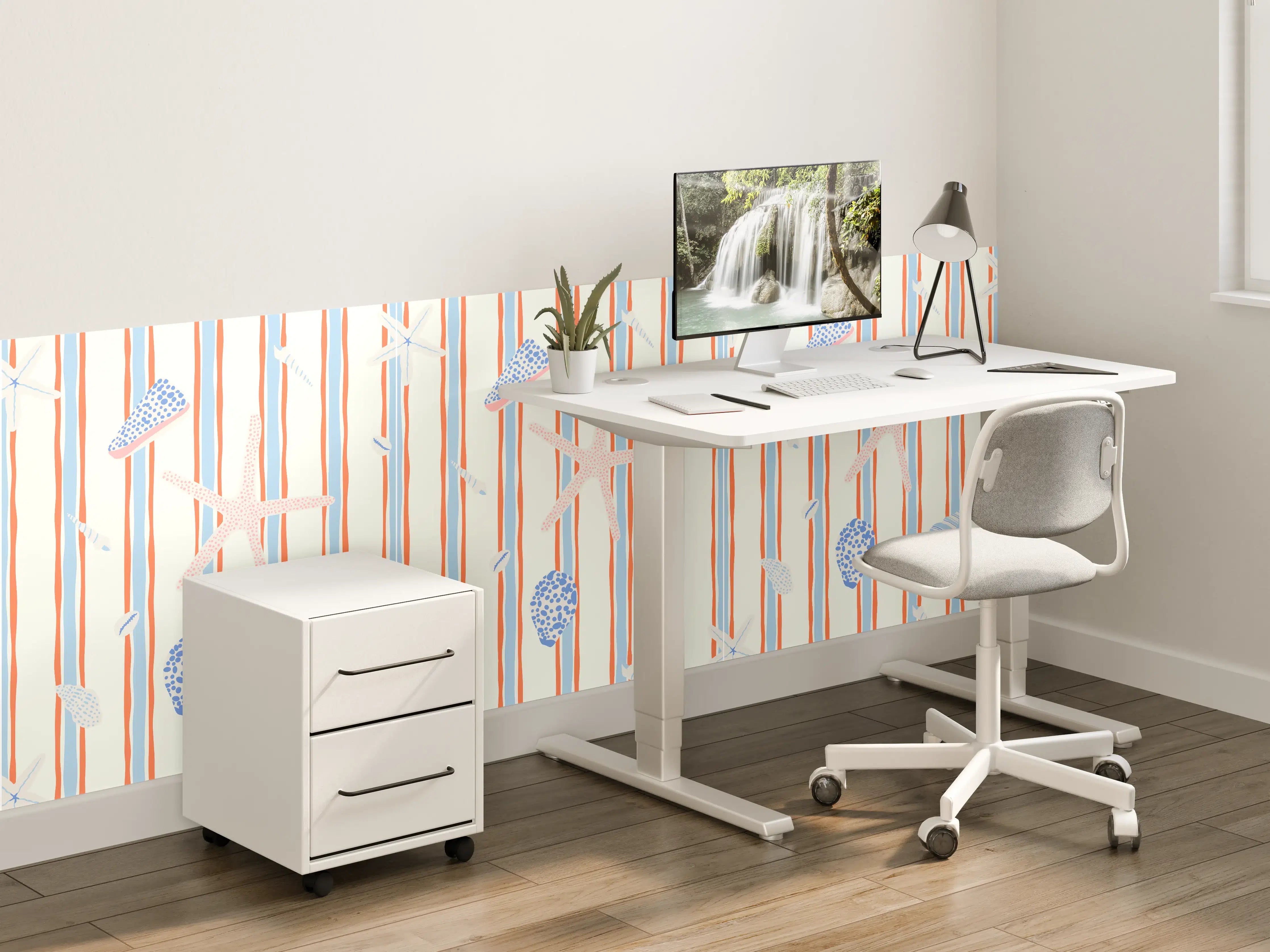 Kinderzimmer Wandgestaltung - Muschelstreifen Strandtapete Blau-Orange