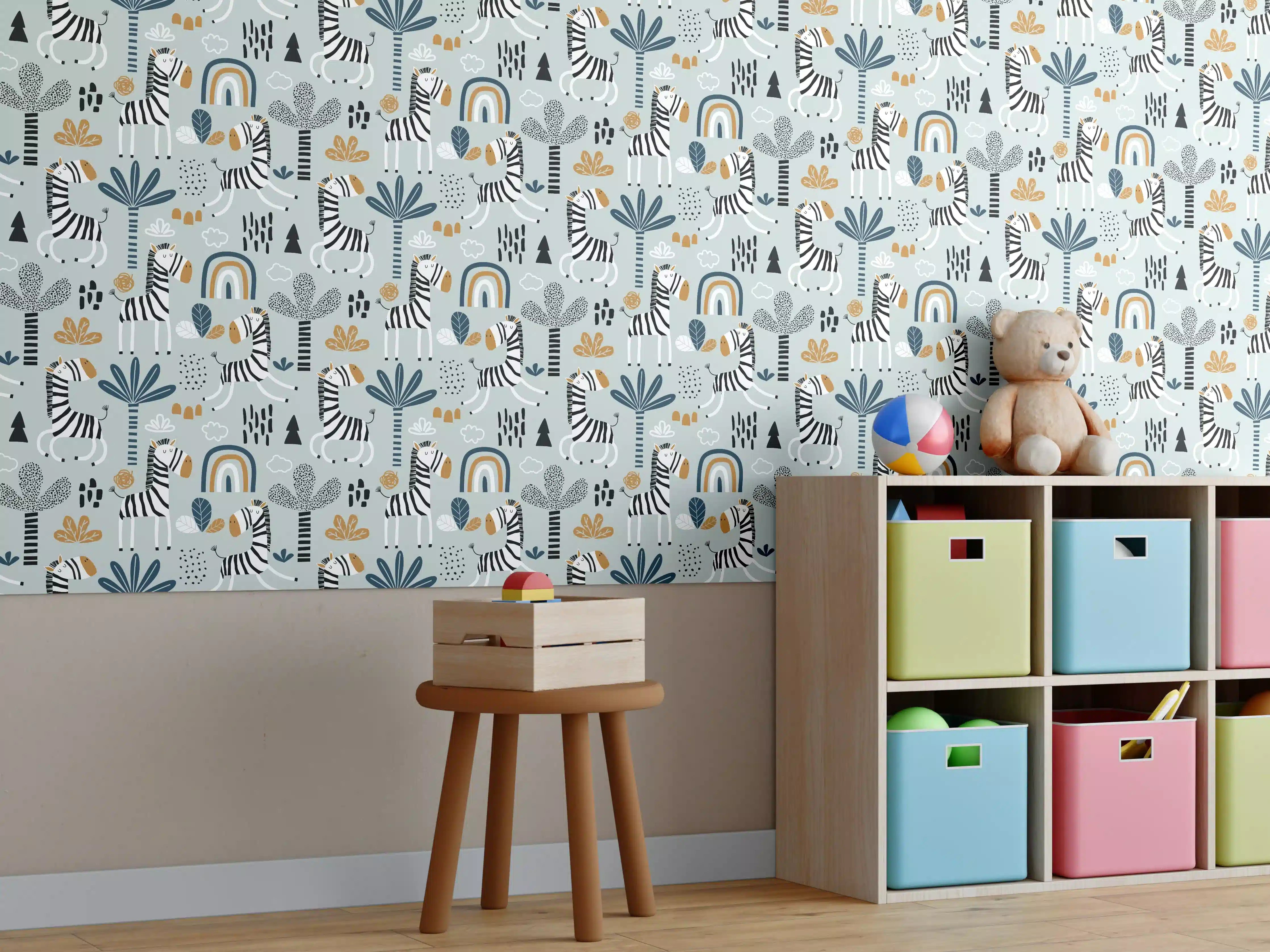 Kinderzimmer Wandgestaltung - Muster aus blauen und grauen Blumen