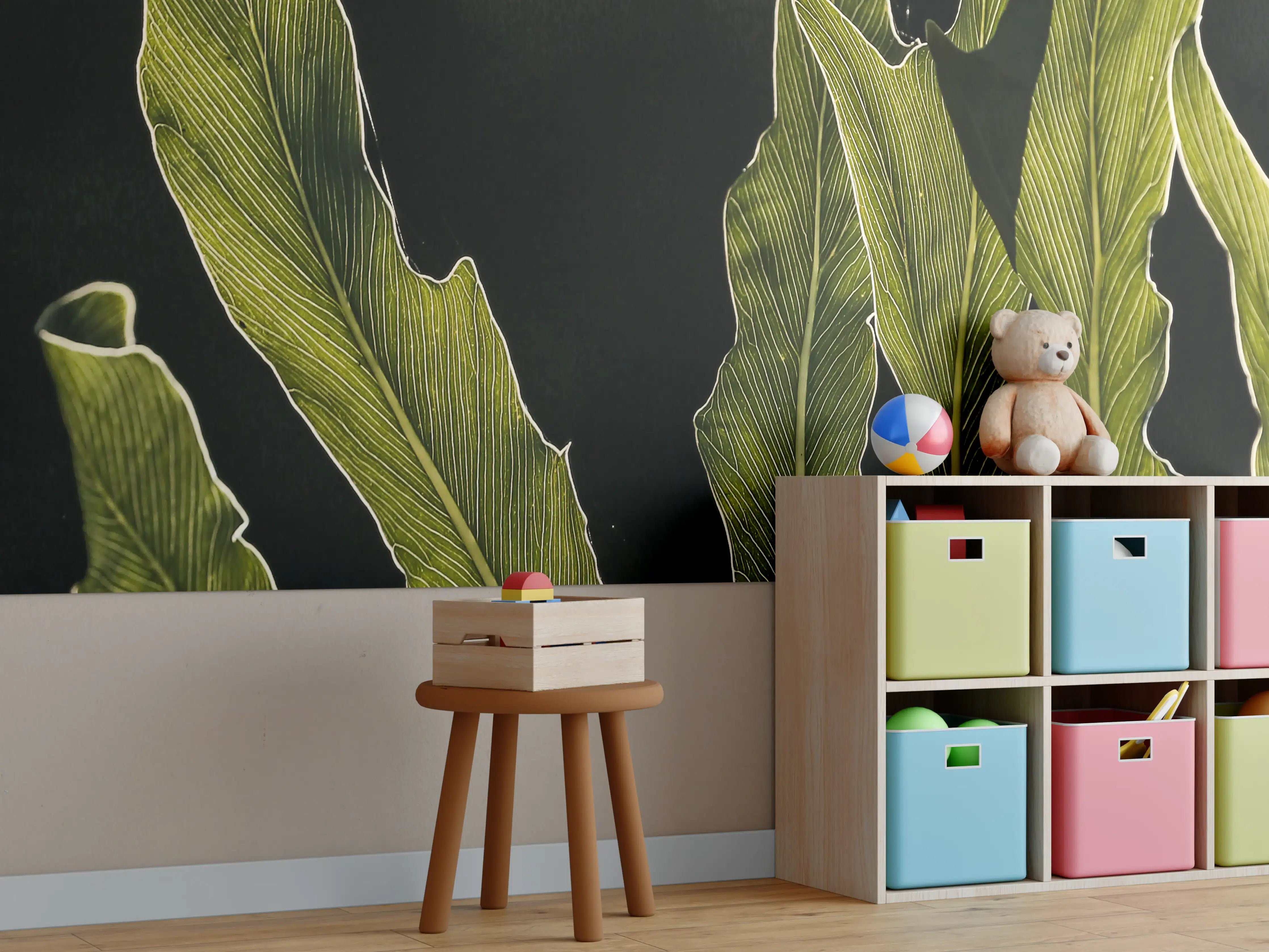 Kinderzimmer Wandgestaltung - Mystische Grün-Schwarze Blattstruktur