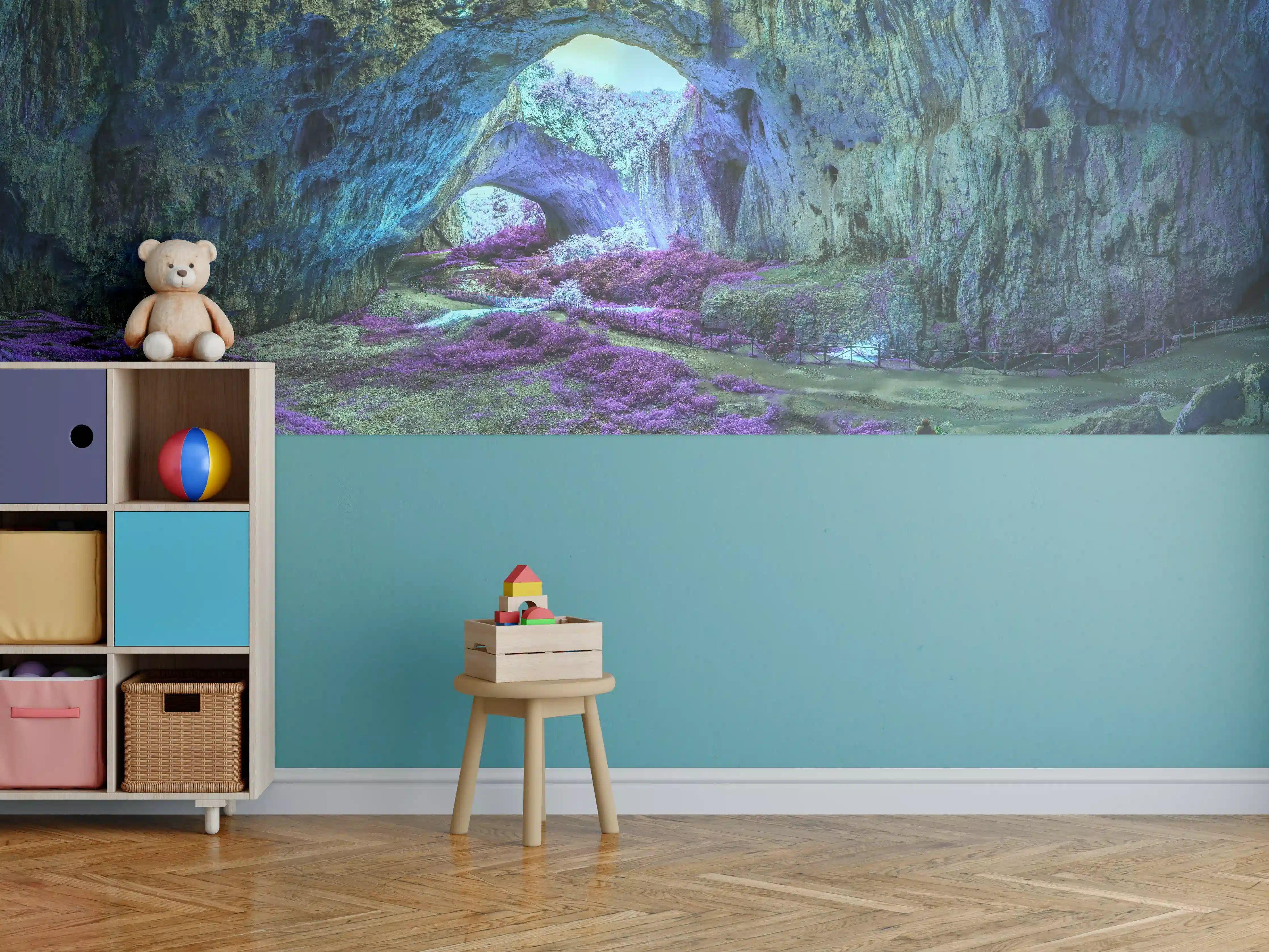 Kinderzimmer Wandgestaltung - Mystische Höhle in fantastisch leuchtenden Farben