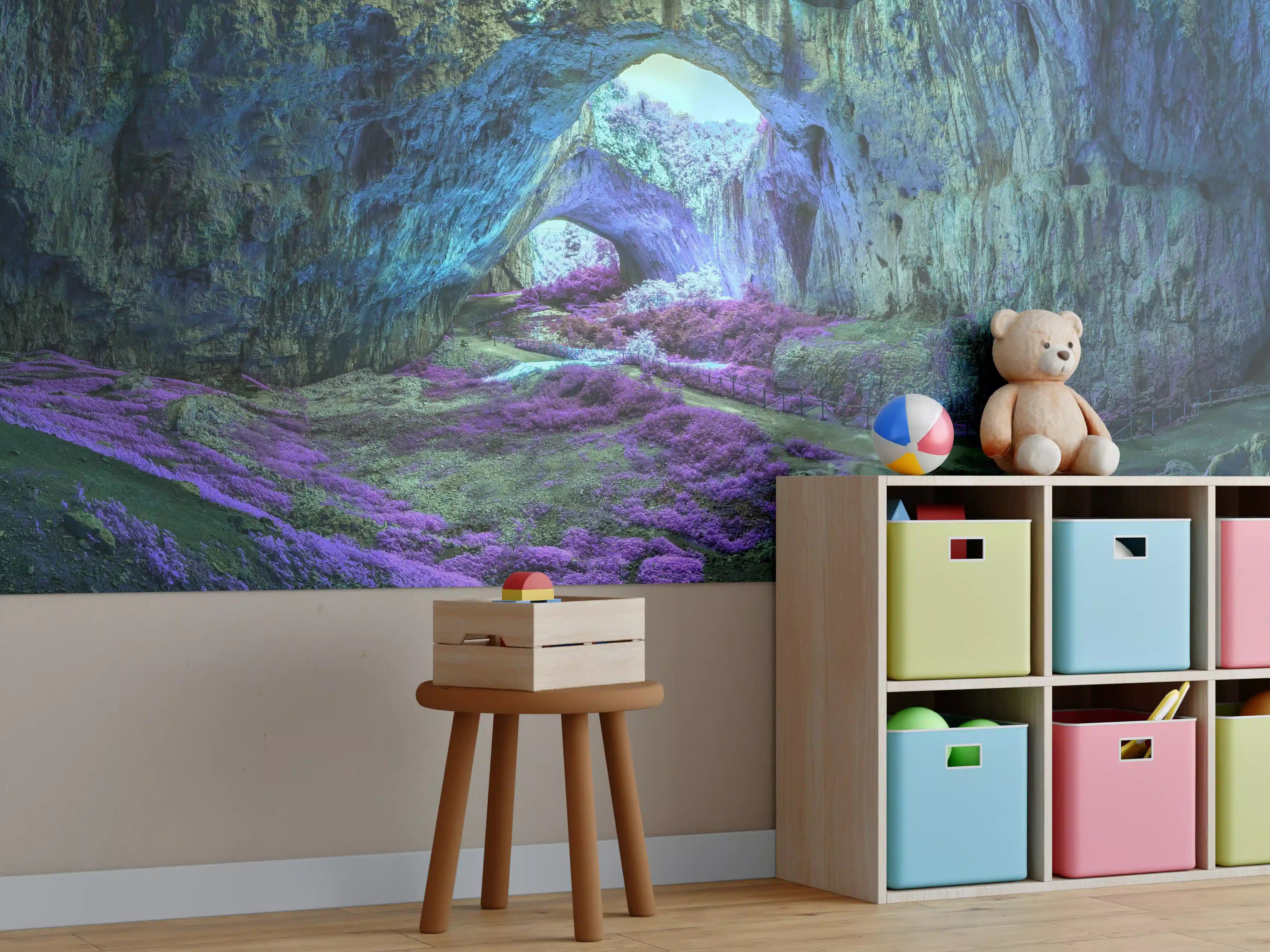 Kinderzimmer Wandgestaltung - Mystische Höhle in fantastisch leuchtenden Farben