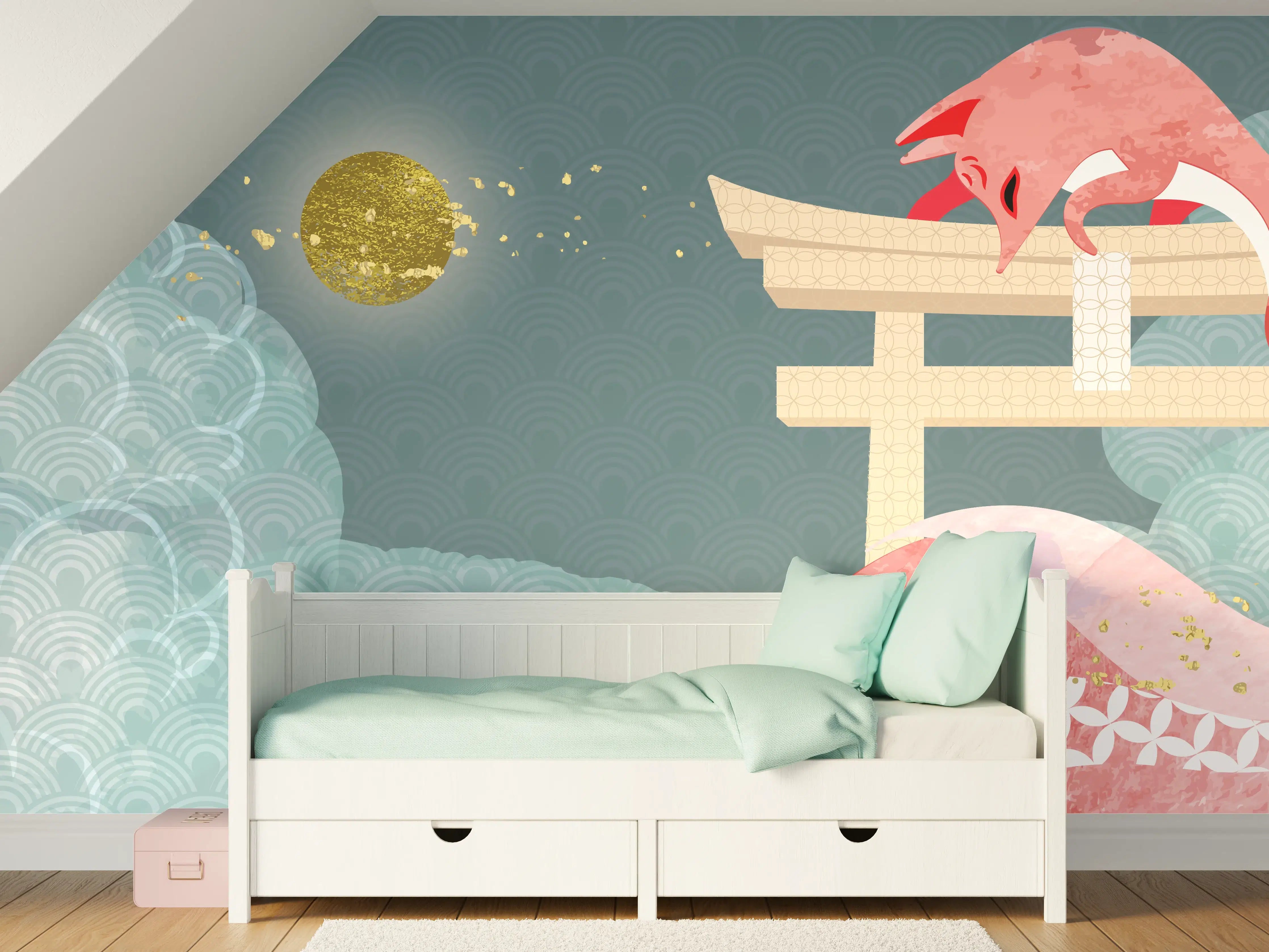 Kinderzimmer Wandgestaltung - Mystischer Drache vor japanischem Tor