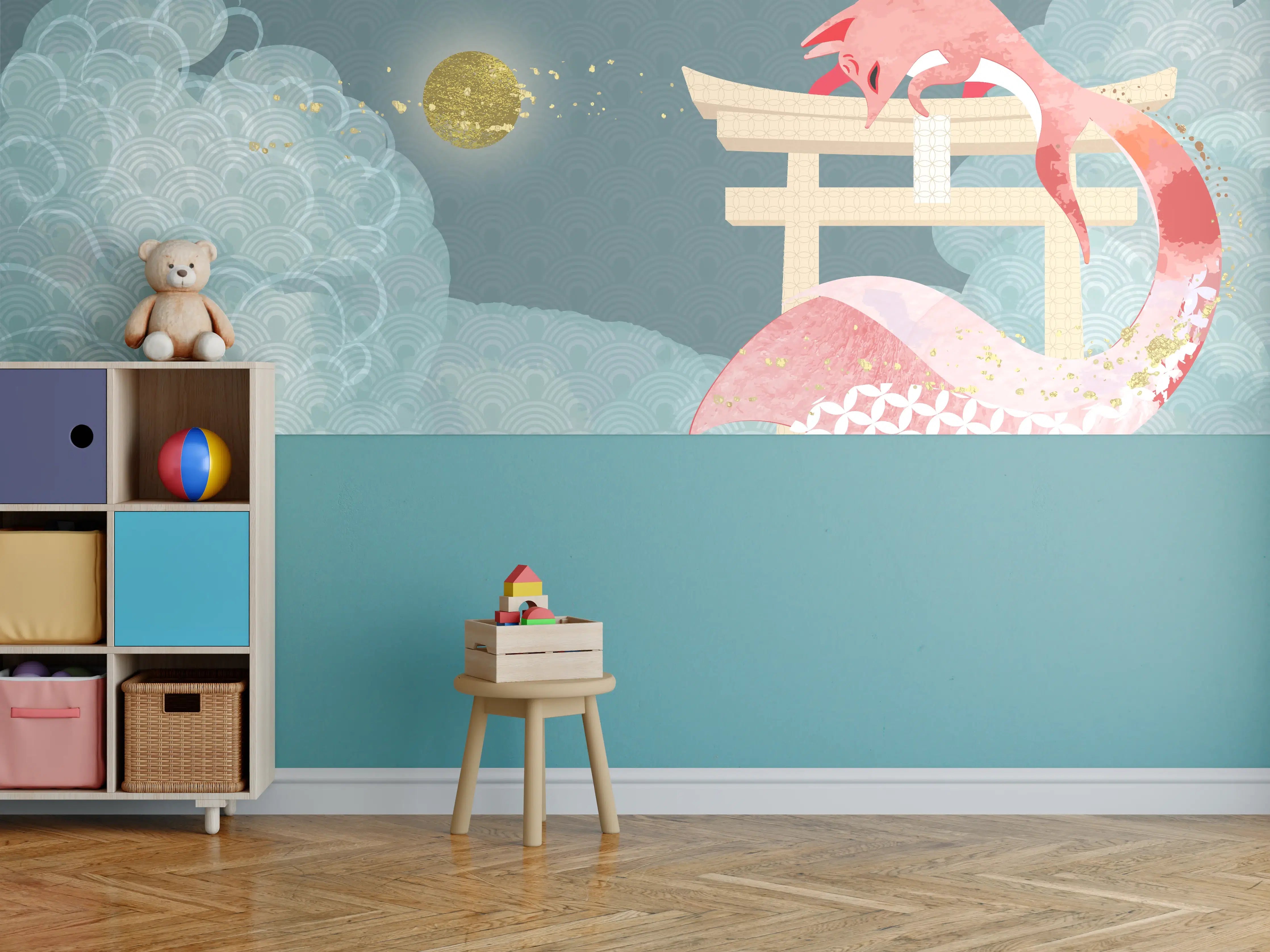 Kinderzimmer Wandgestaltung - Mystischer Drache vor japanischem Tor