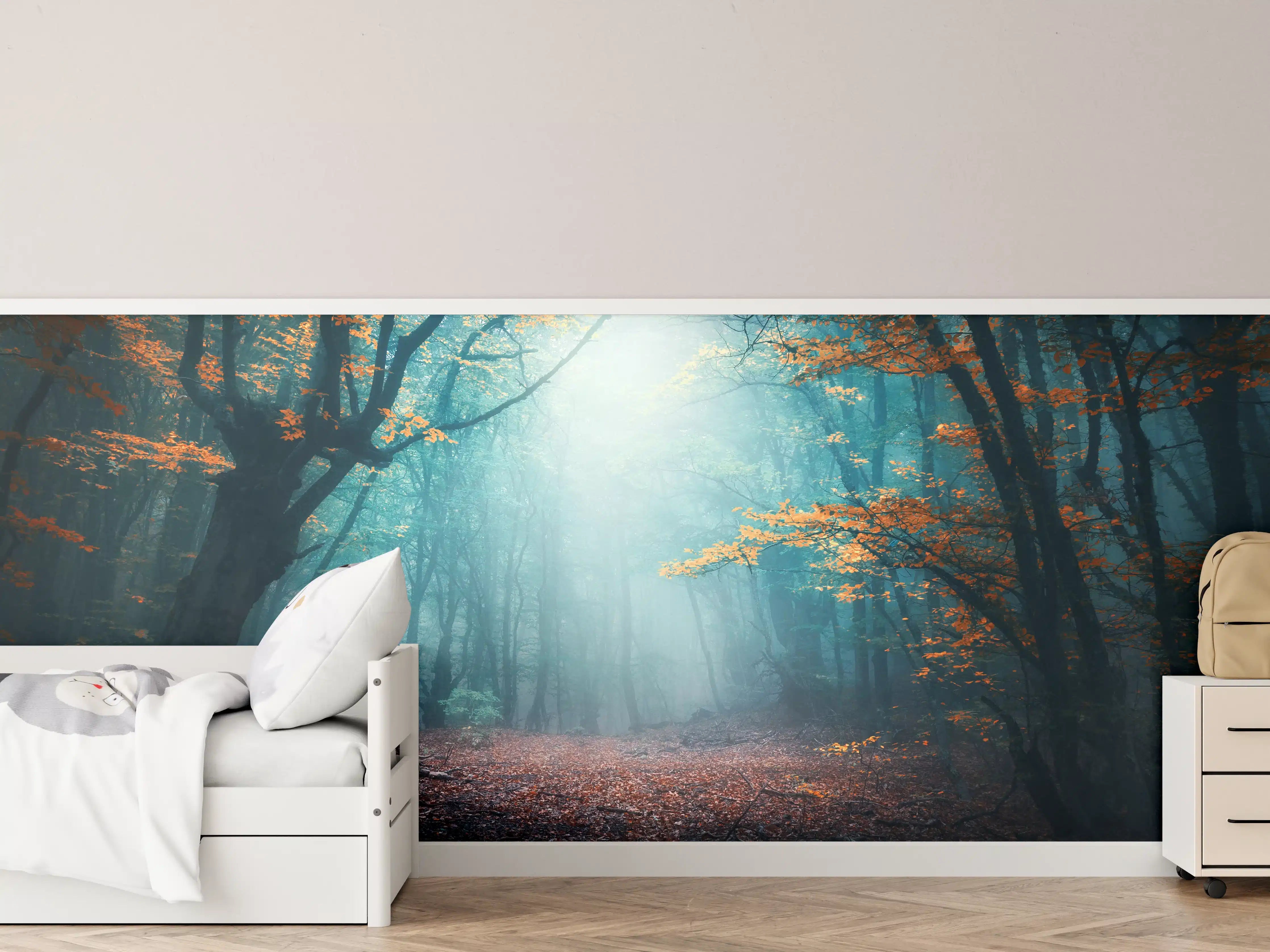 Kinderzimmer Wandgestaltung - Mystischer Herbstwald mit Sonnenstrahlen
