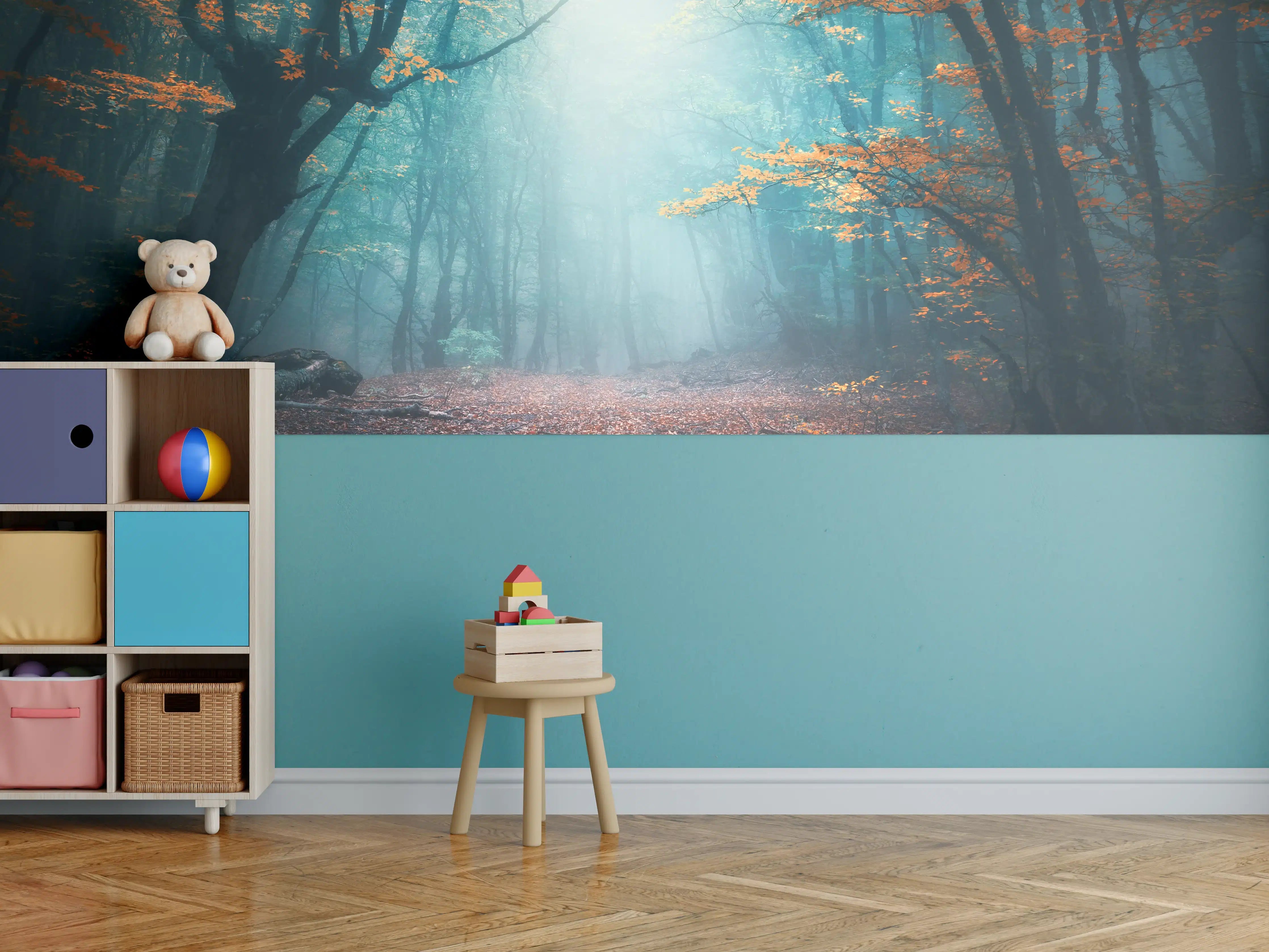 Kinderzimmer Wandgestaltung - Mystischer Herbstwald mit Sonnenstrahlen