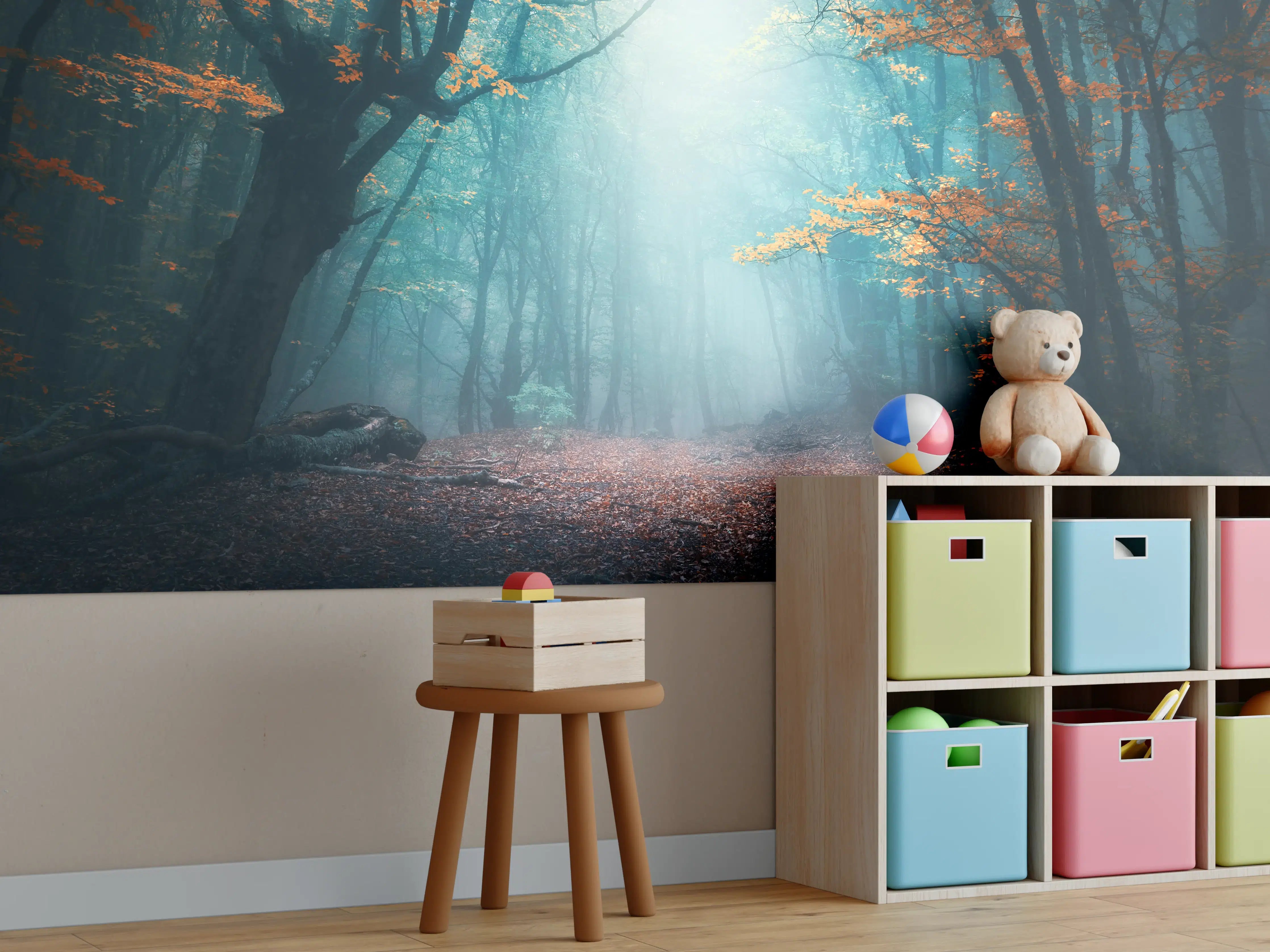 Kinderzimmer Wandgestaltung - Mystischer Herbstwald mit Sonnenstrahlen