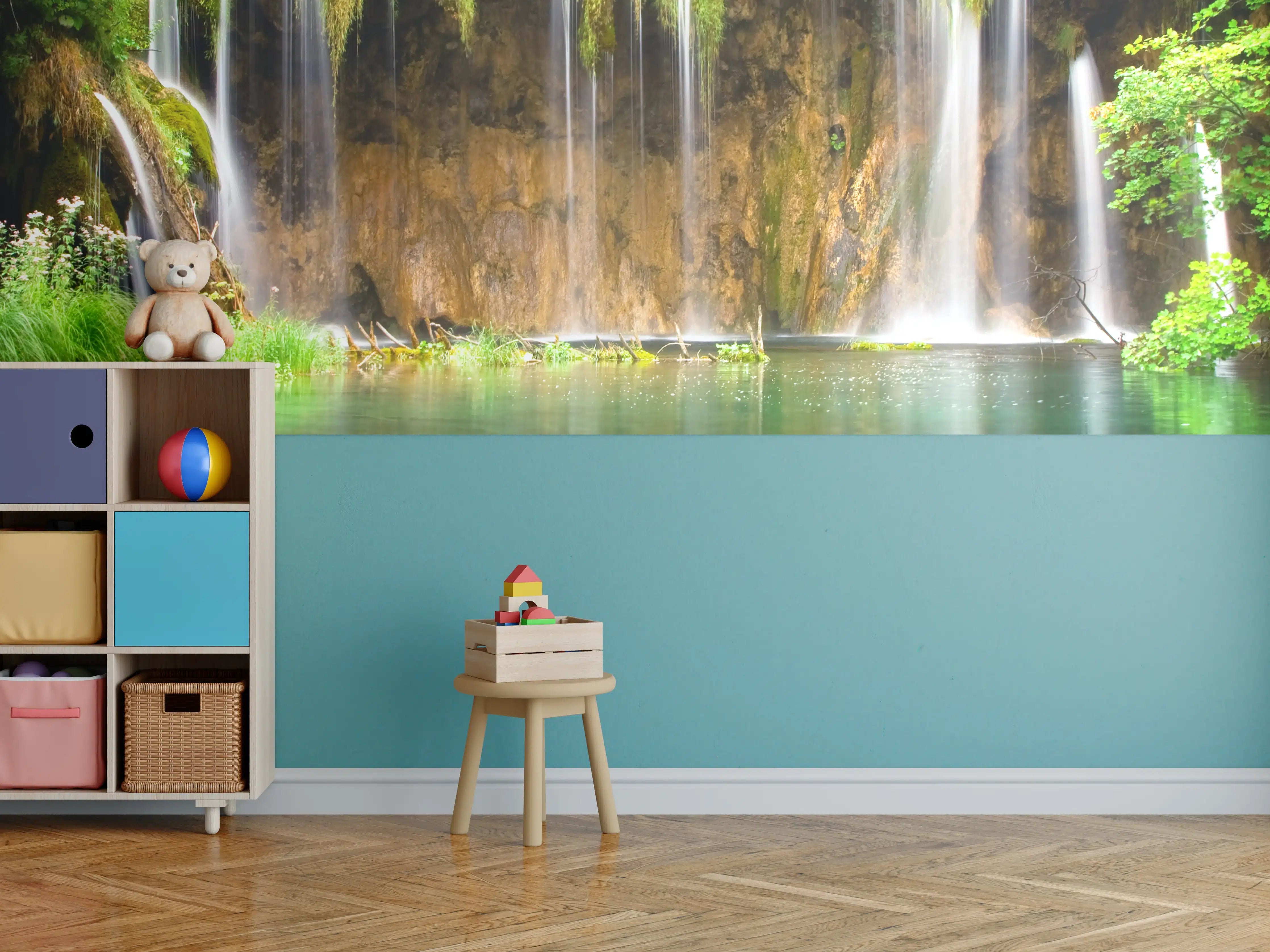 Kinderzimmer Wandgestaltung - Mystischer Wasserfall im smaragdgrünen Dschungel