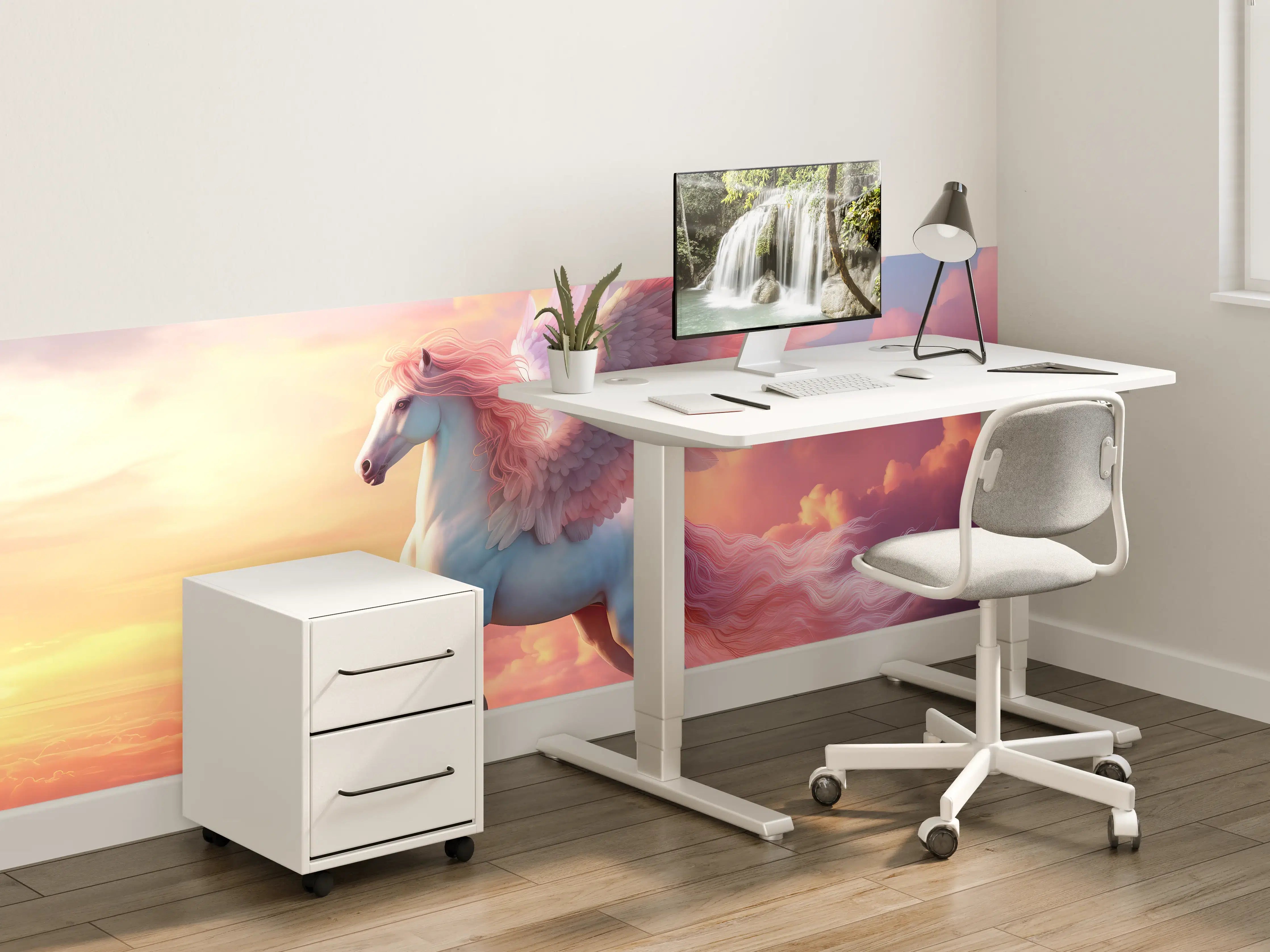 Kinderzimmer Wandgestaltung - Mythischer Pegasus im Sonnenuntergang