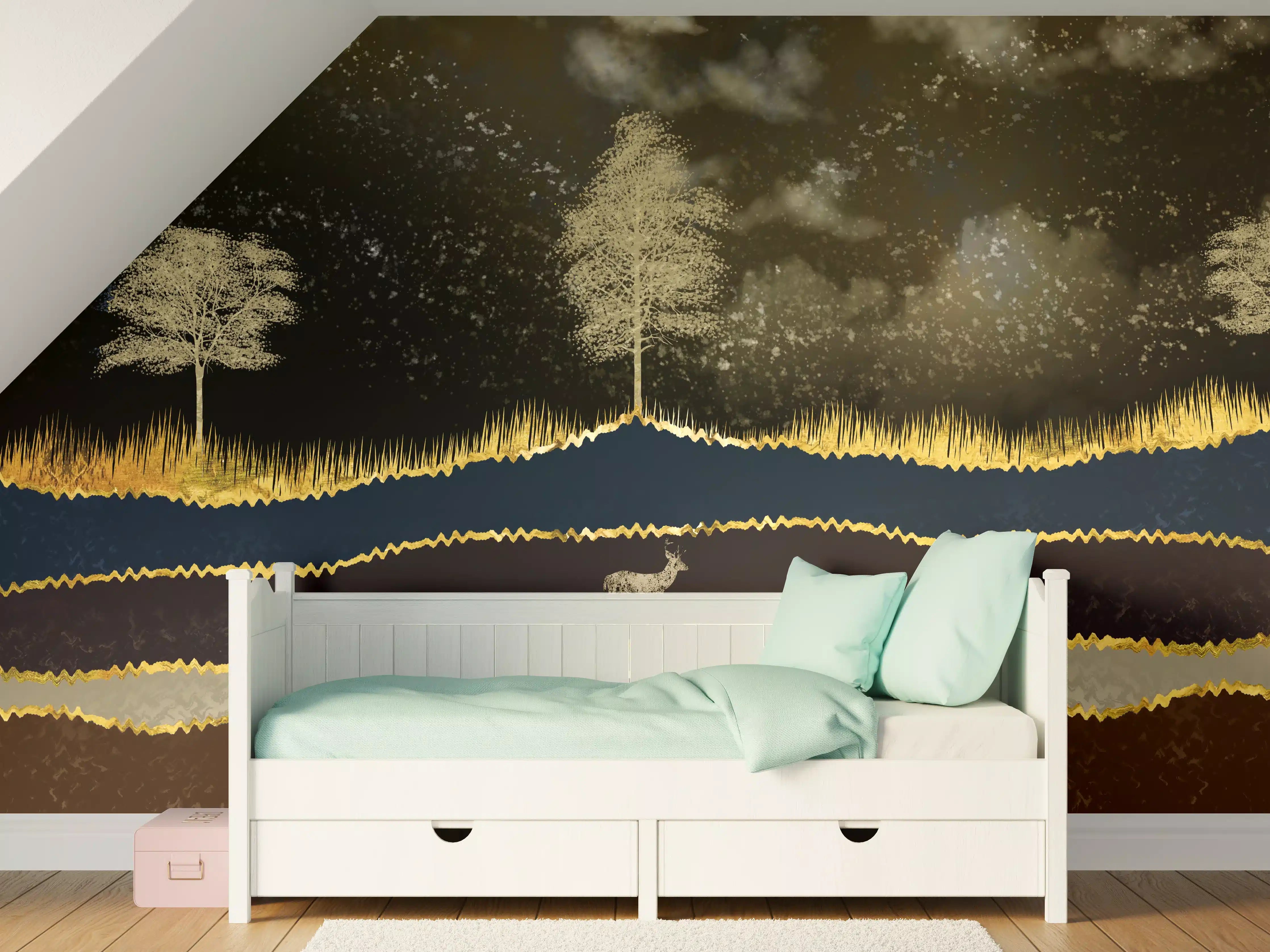 Kinderzimmer Wandgestaltung - Nachtlandschaft mit Hirschsilhouetten