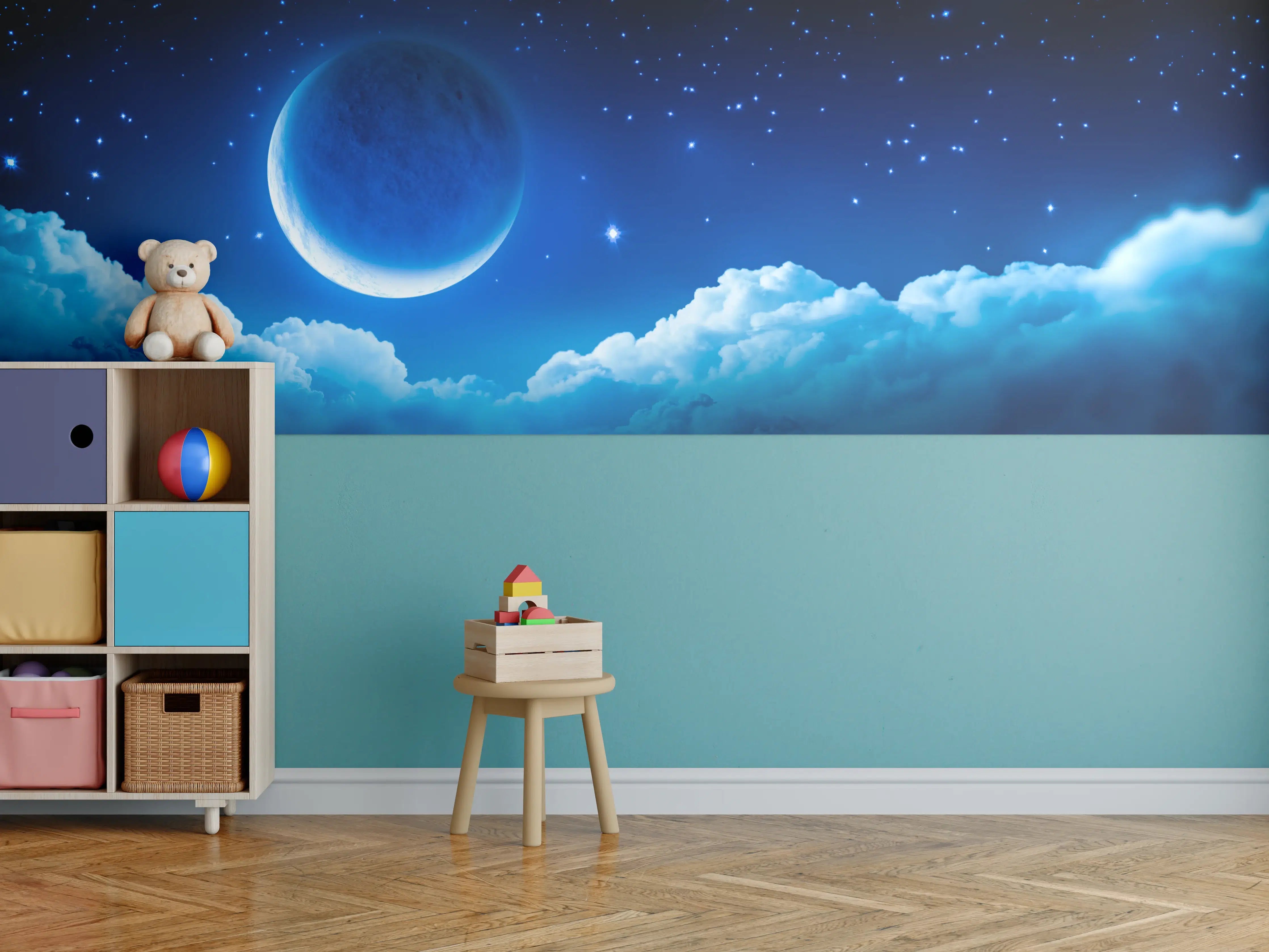 Kinderzimmer Wandgestaltung - Nächtlicher Himmel mit Mond und Sternen