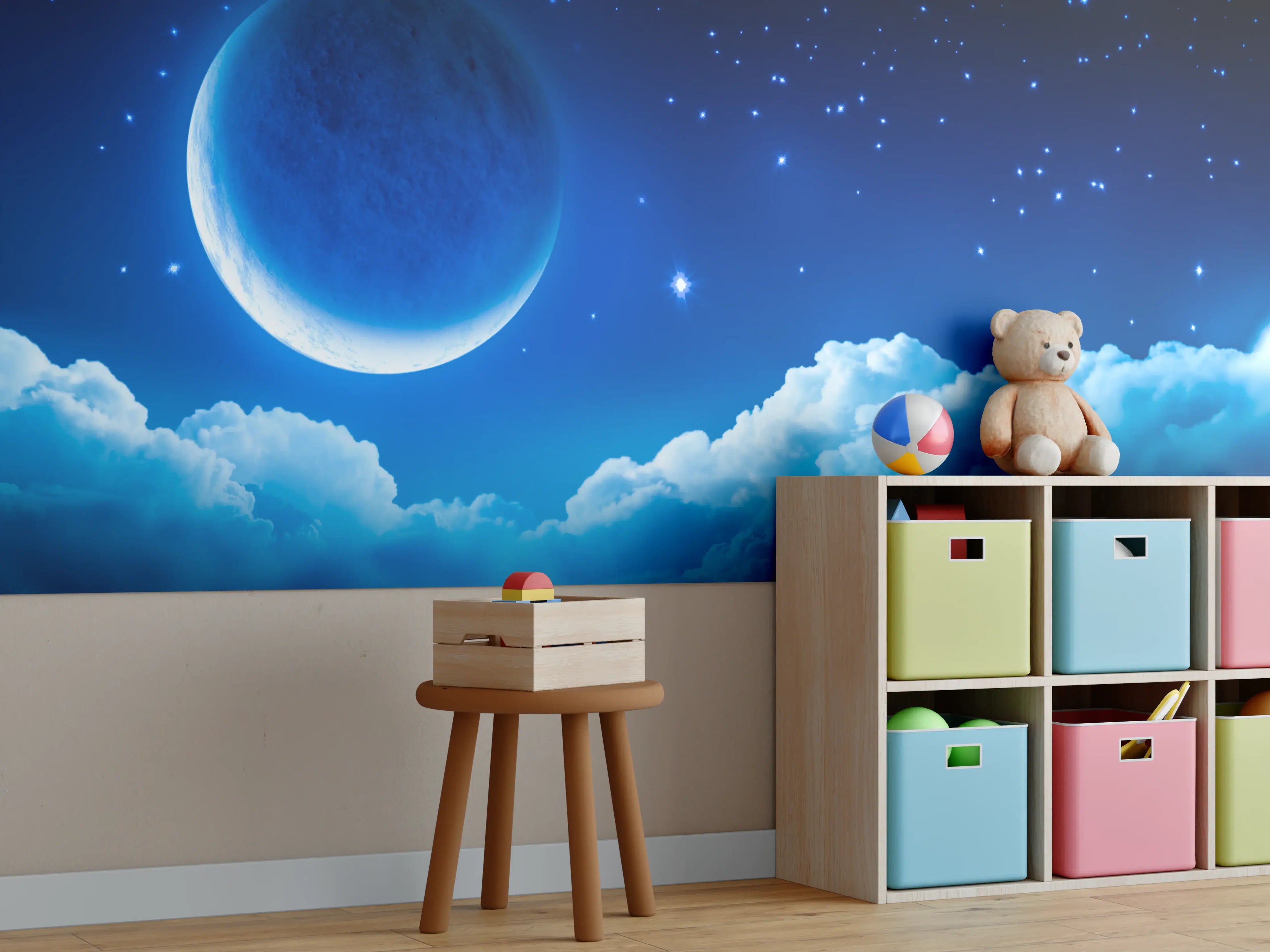 Kinderzimmer Wandgestaltung - Nächtlicher Himmel mit Mond und Sternen