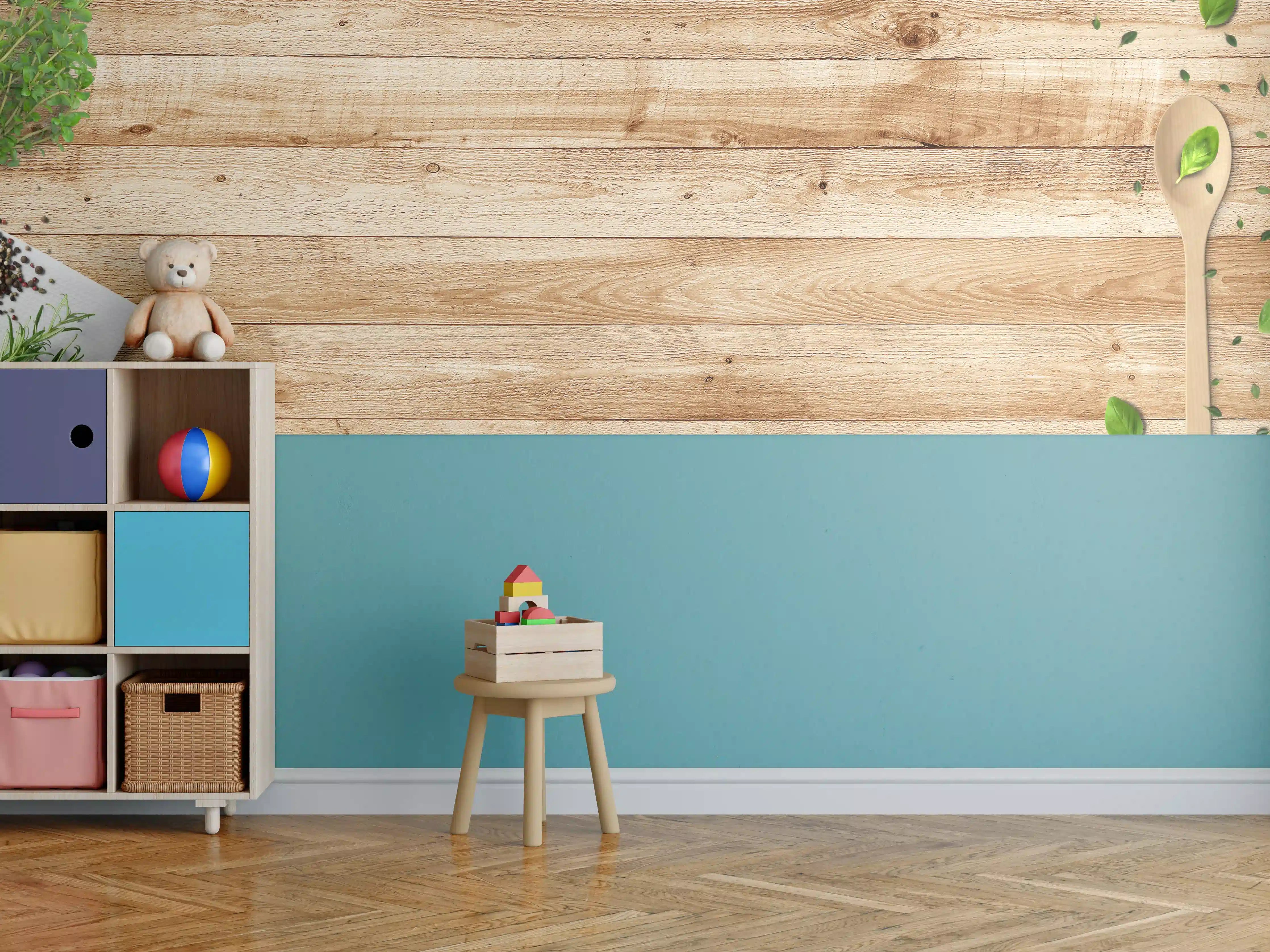 Kinderzimmer Wandgestaltung - Natürliche Holzoptik mit grünen Akzenten