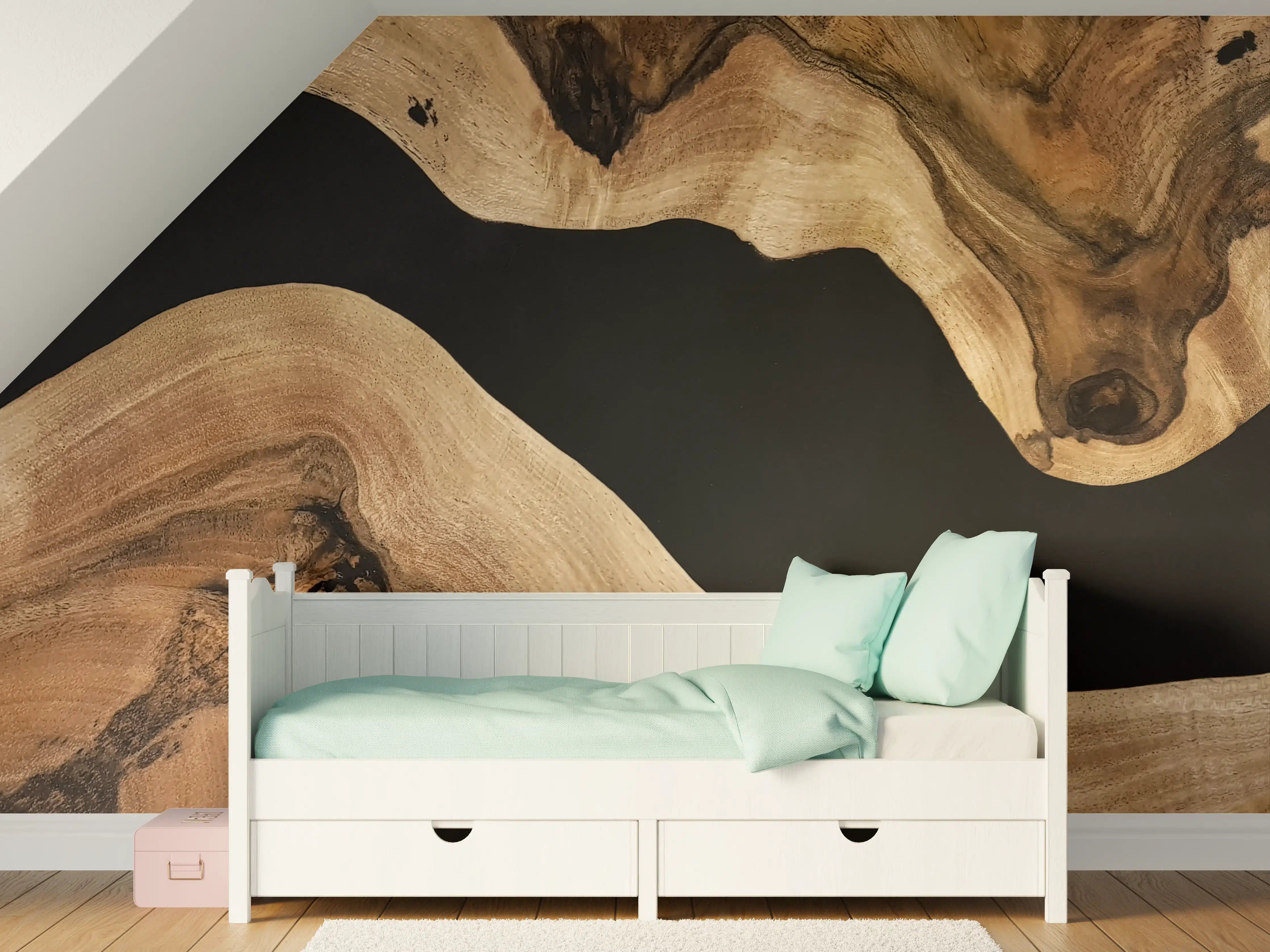 Kinderzimmer Wandgestaltung - Natürliche Holzstruktur mit dunklem Hintergrund