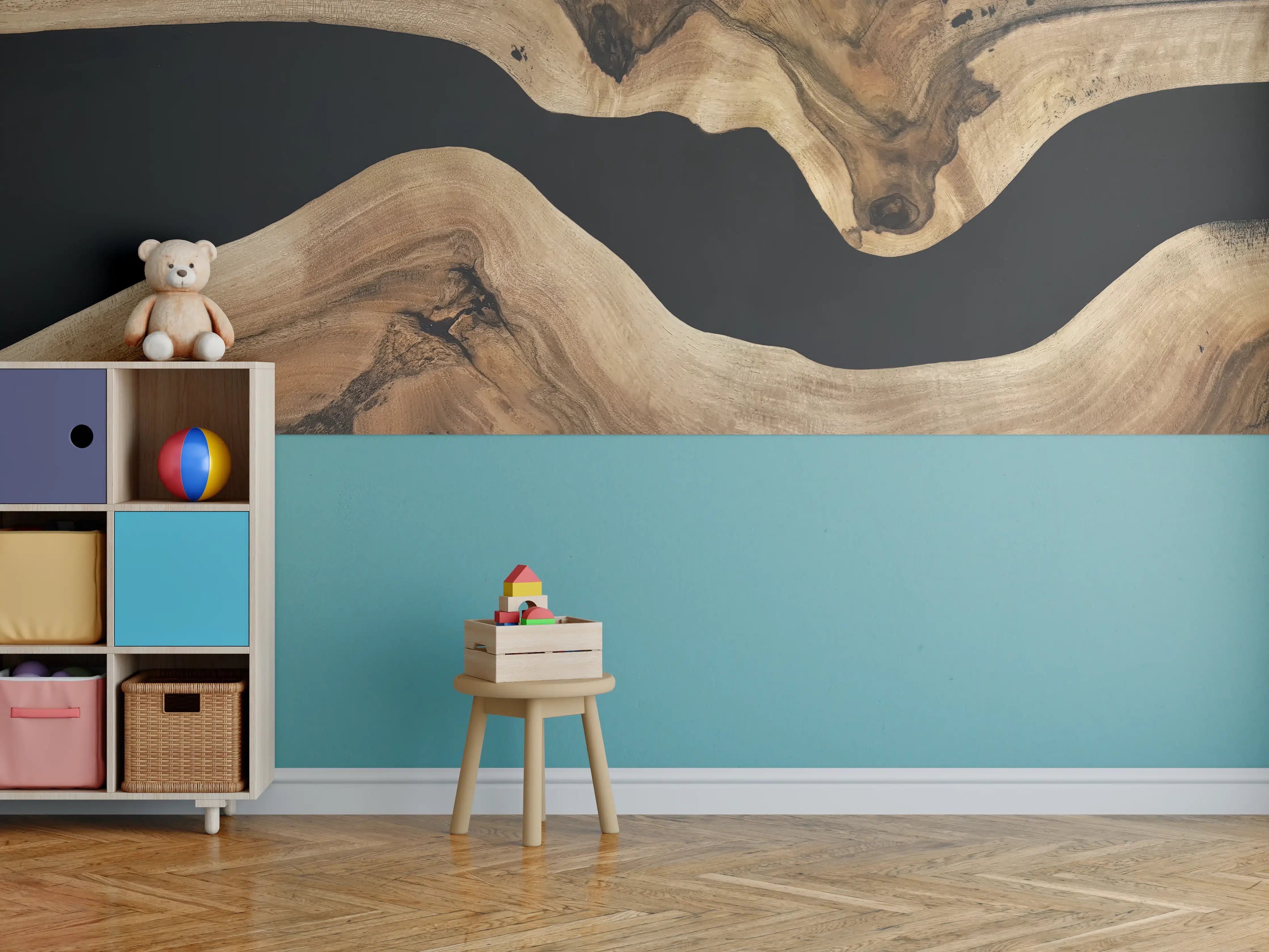 Kinderzimmer Wandgestaltung - Natürliche Holzstruktur mit dunklem Hintergrund