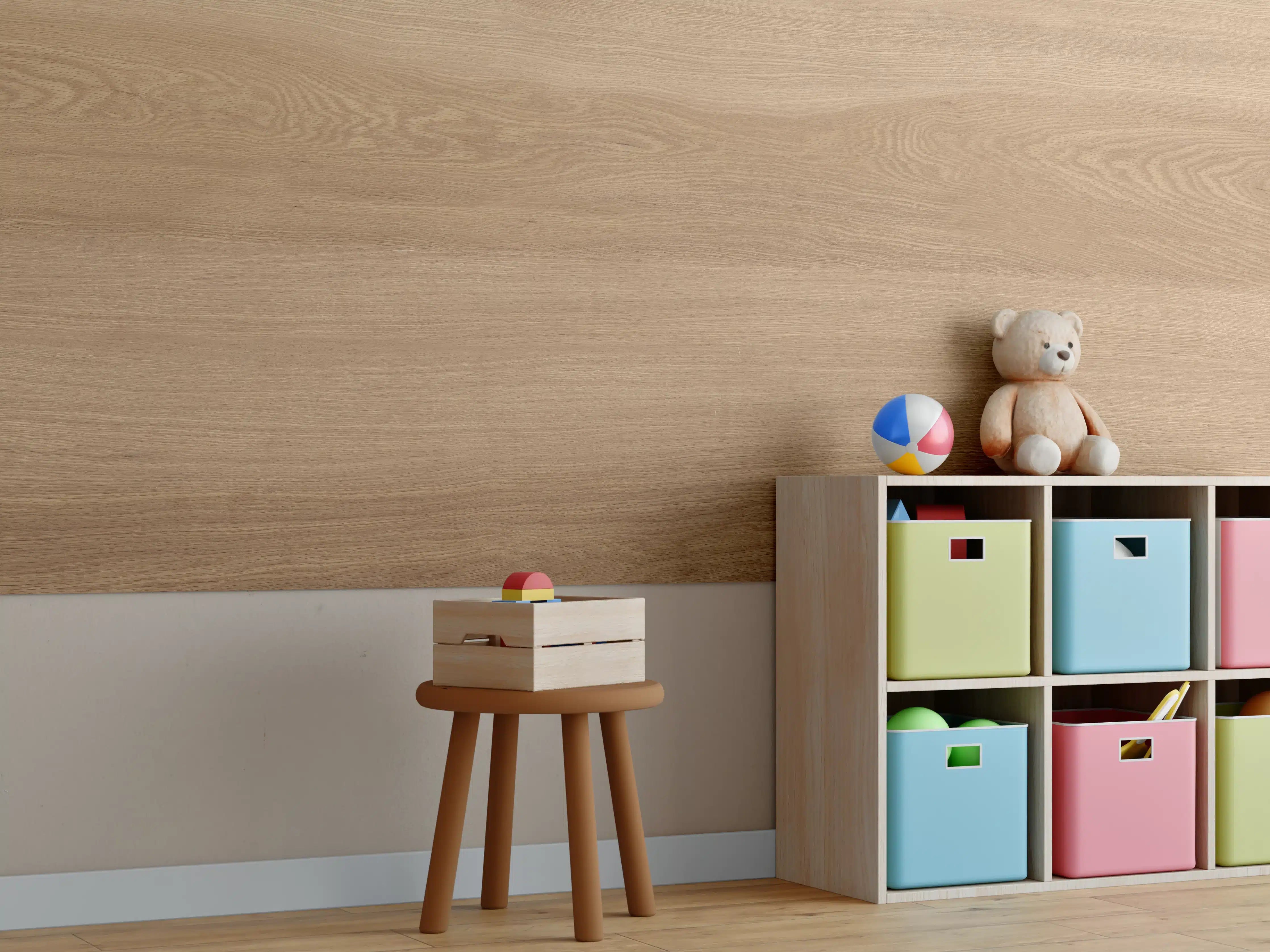 Kinderzimmer Wandgestaltung - Natürliche Holztöne mit feiner Maserung