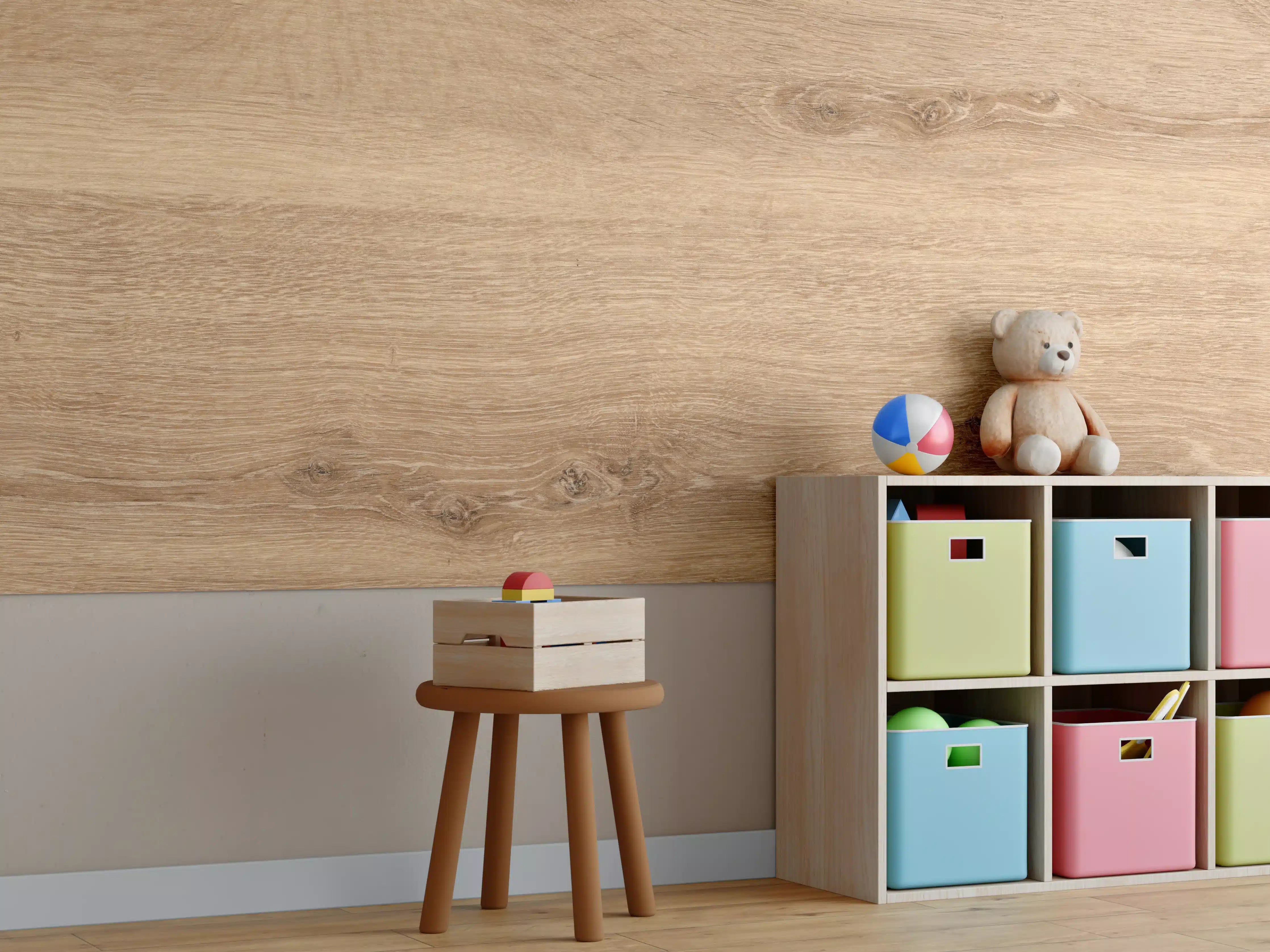Kinderzimmer Wandgestaltung - Natürliche Holzwand mit Warmtönen
