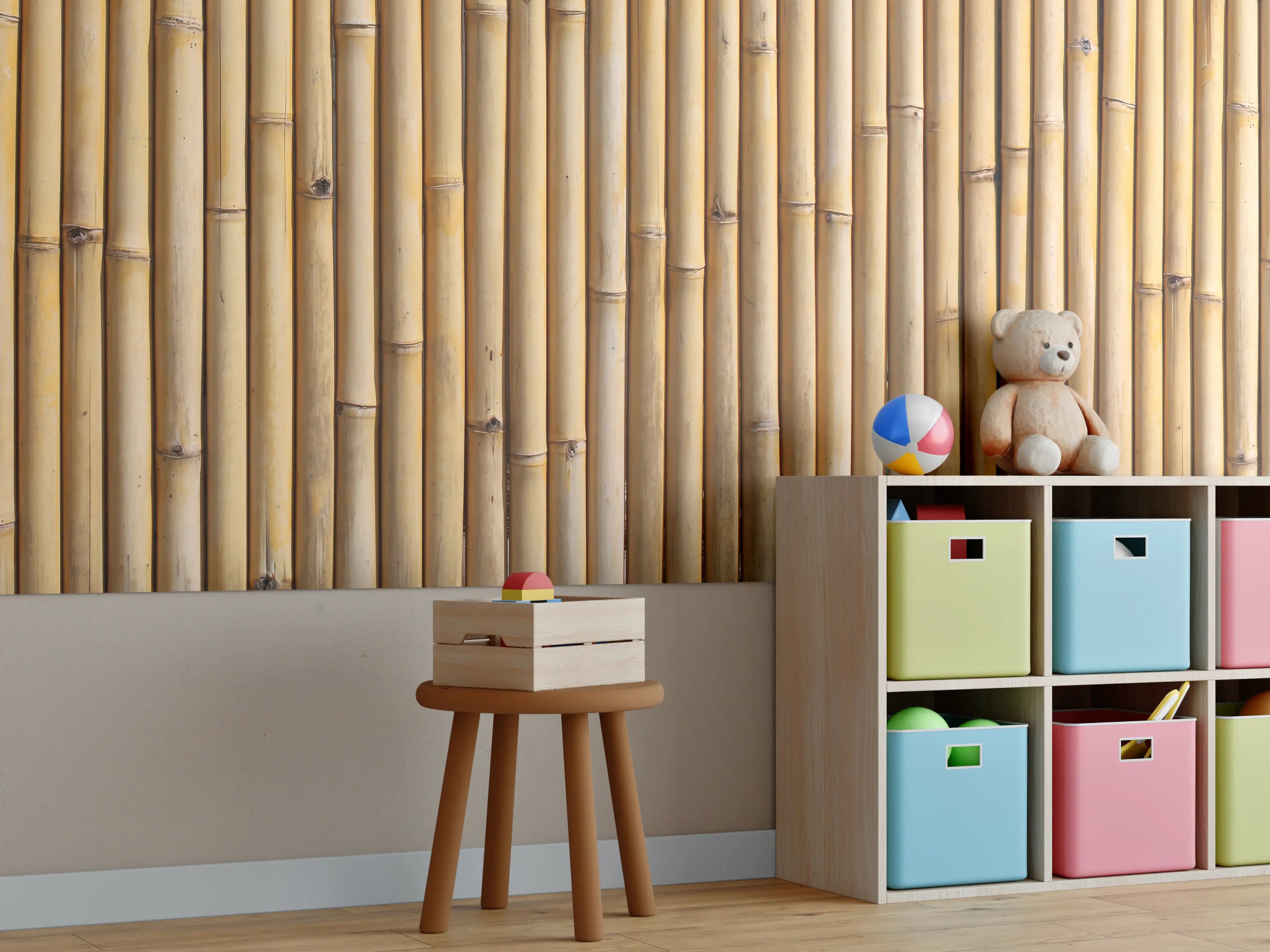 Kinderzimmer Wandgestaltung - Naturholzpaneele mit warmen Braun- und Beigetönen