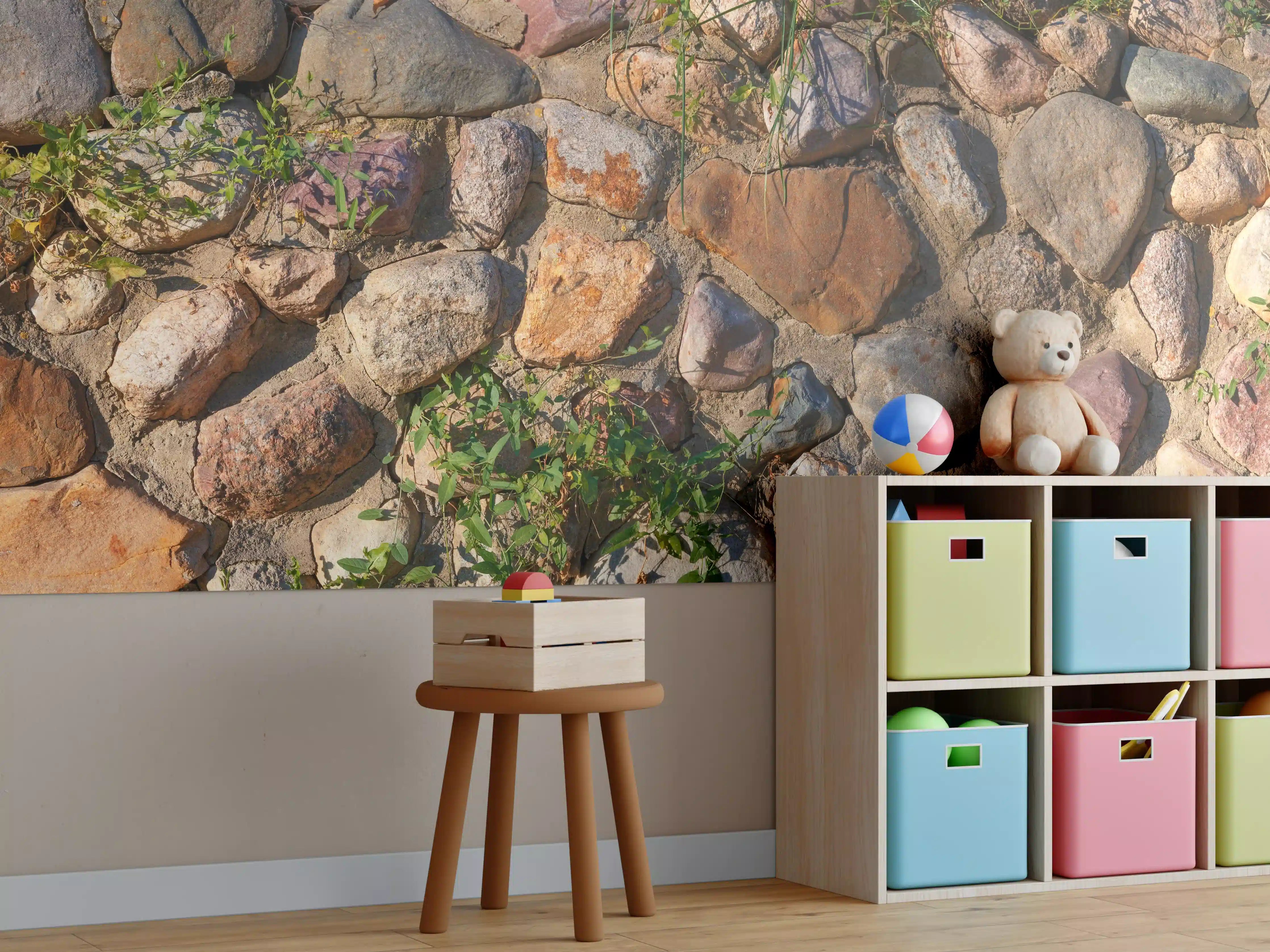 Kinderzimmer Wandgestaltung - Natursteinmauer mit bunten Steinen und Pflanzen