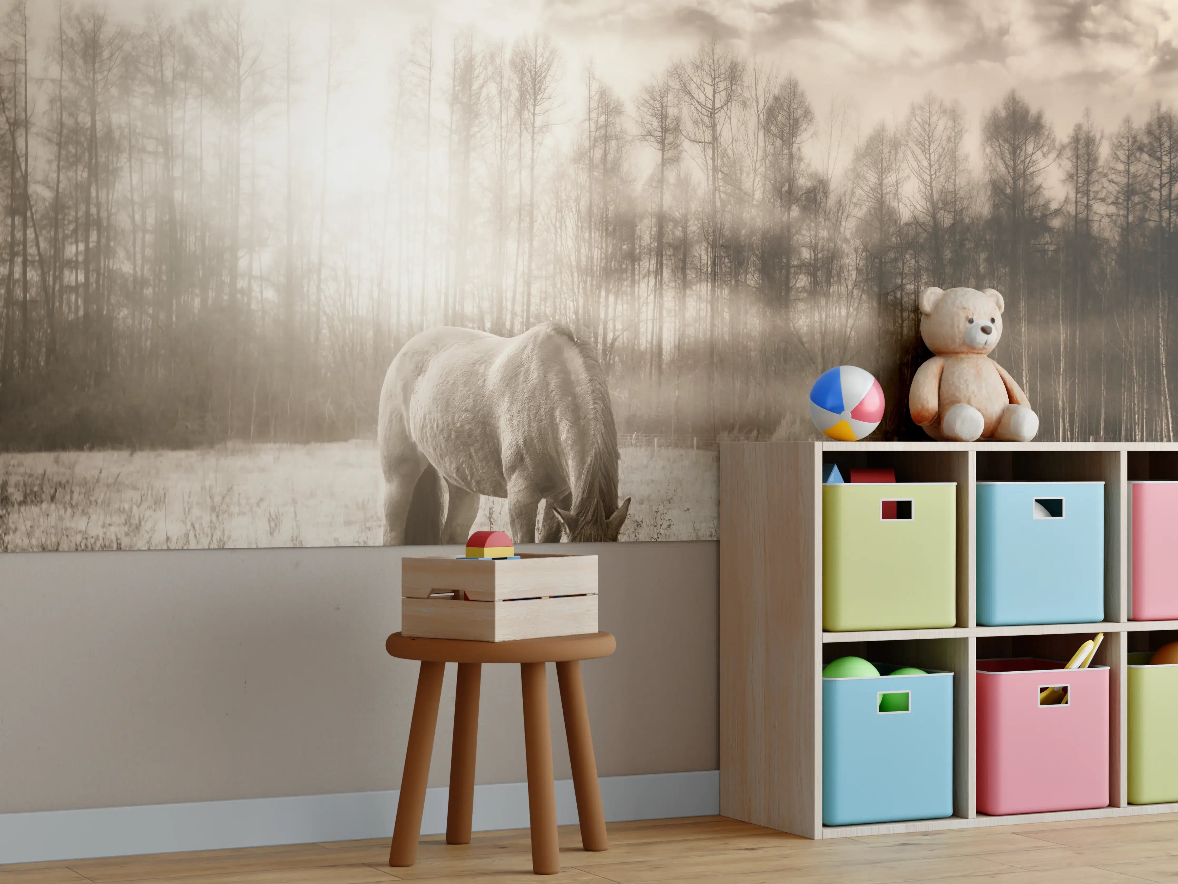 Kinderzimmer Wandgestaltung - Nebelige Weide mit Pferd im Herbst