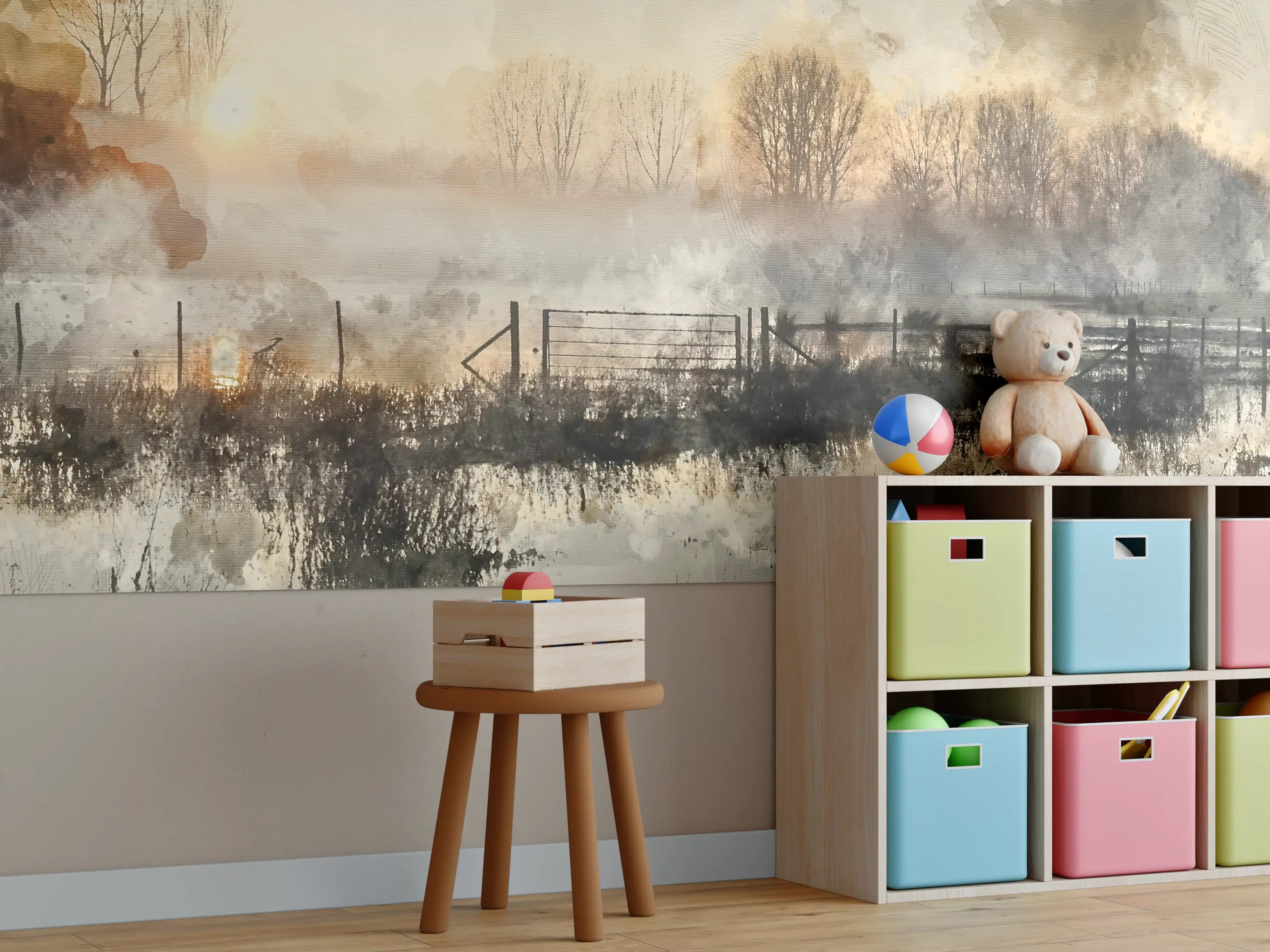 Kinderzimmer Wandgestaltung - Nebellandschaft mit Wald und Sonnenaufgang