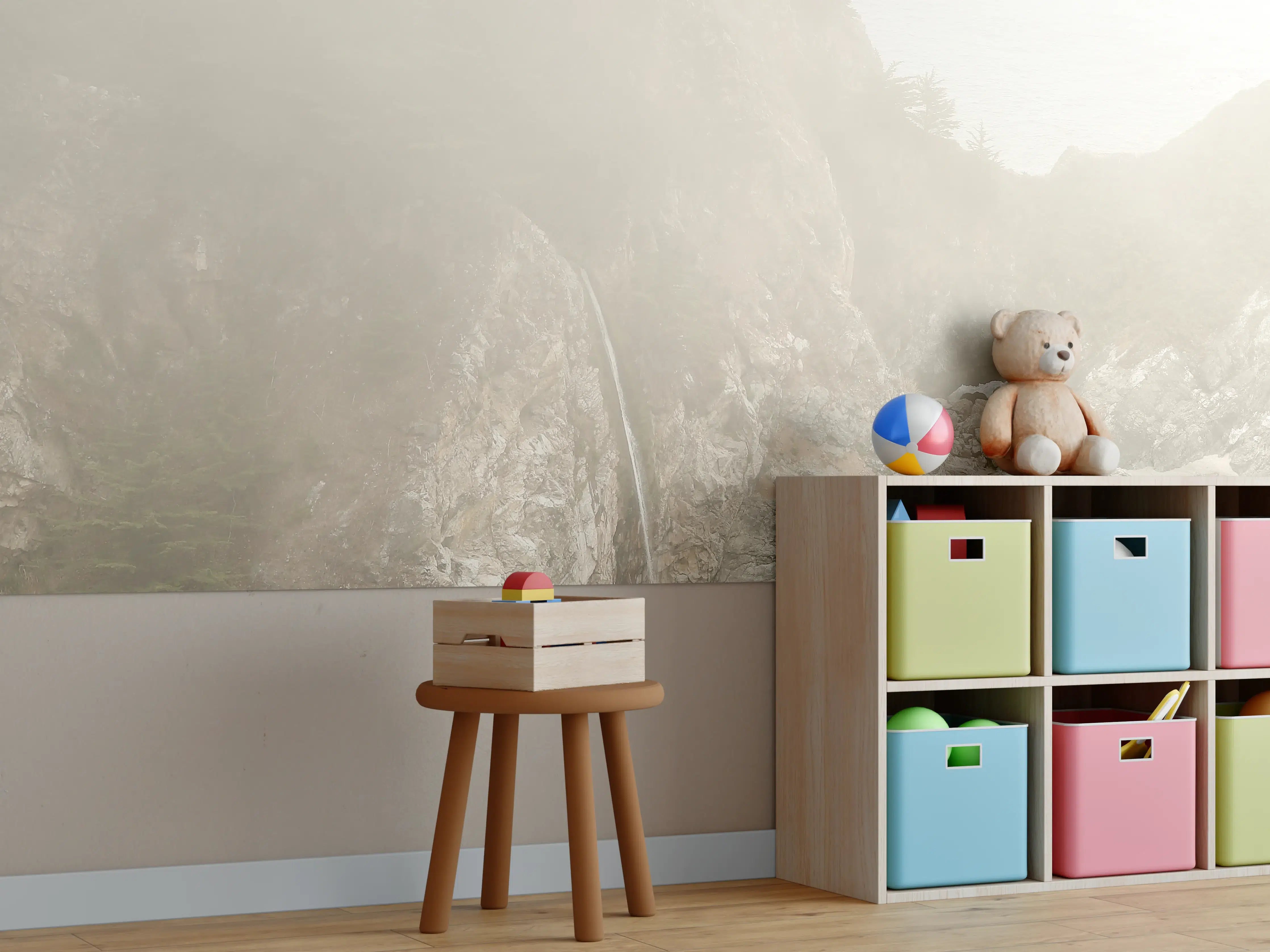 Kinderzimmer Wandgestaltung - Nebelverhangene Küstenlandschaft mit Wasserfall
