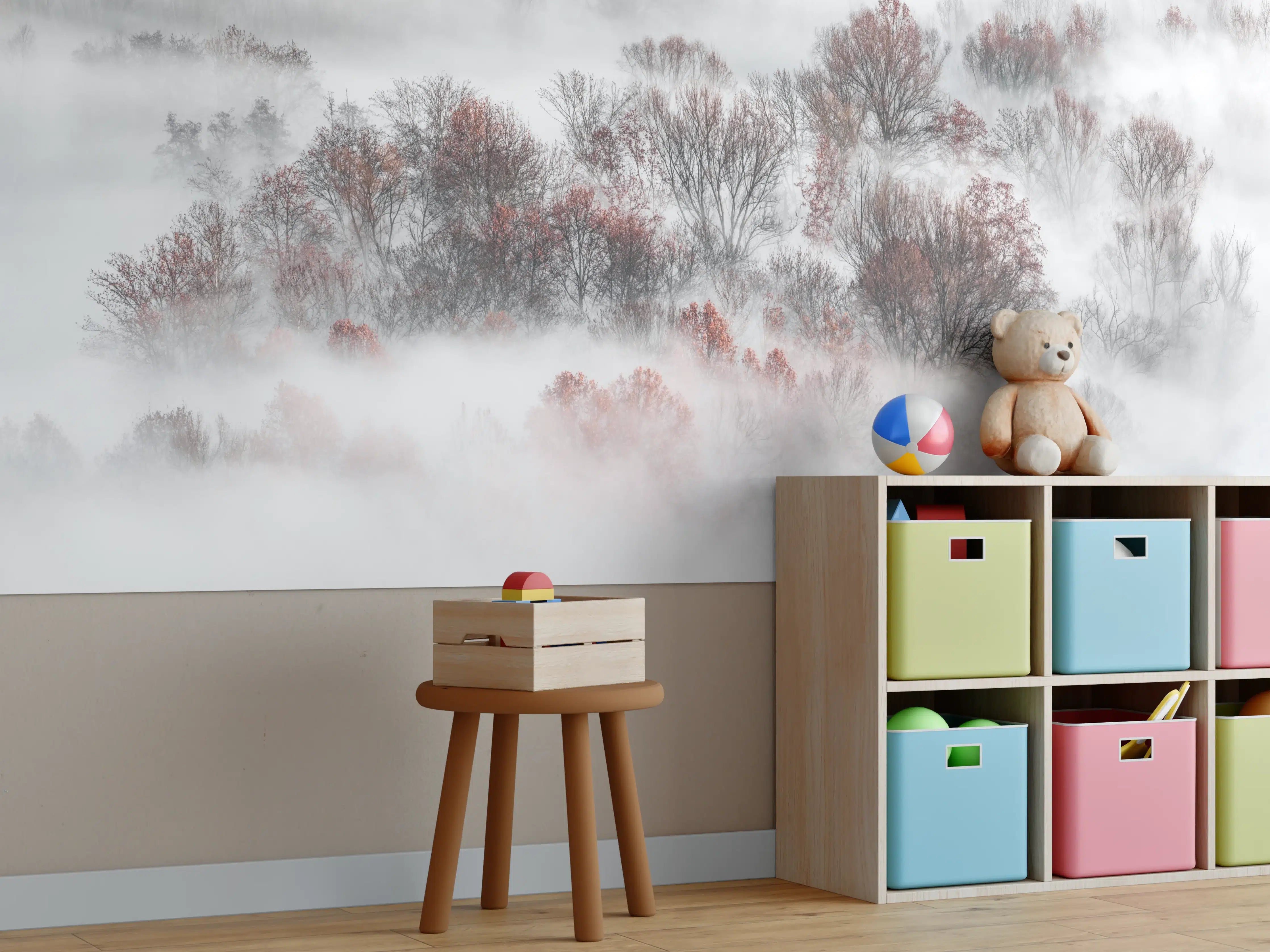 Kinderzimmer Wandgestaltung - Nebelverhangener Wald in Weiß-Grau
