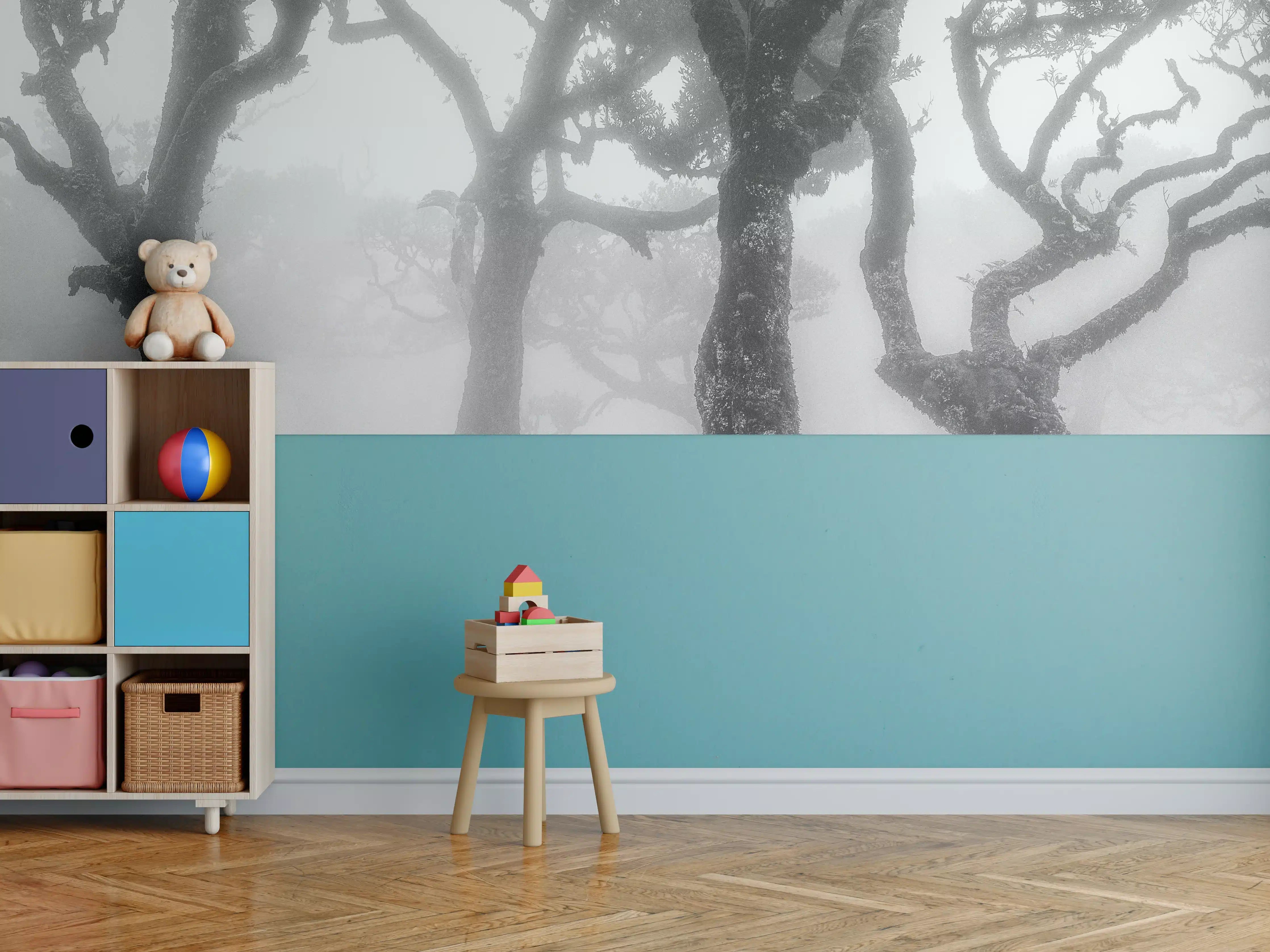 Kinderzimmer Wandgestaltung - Nebelwald in Schwarz-Weiß