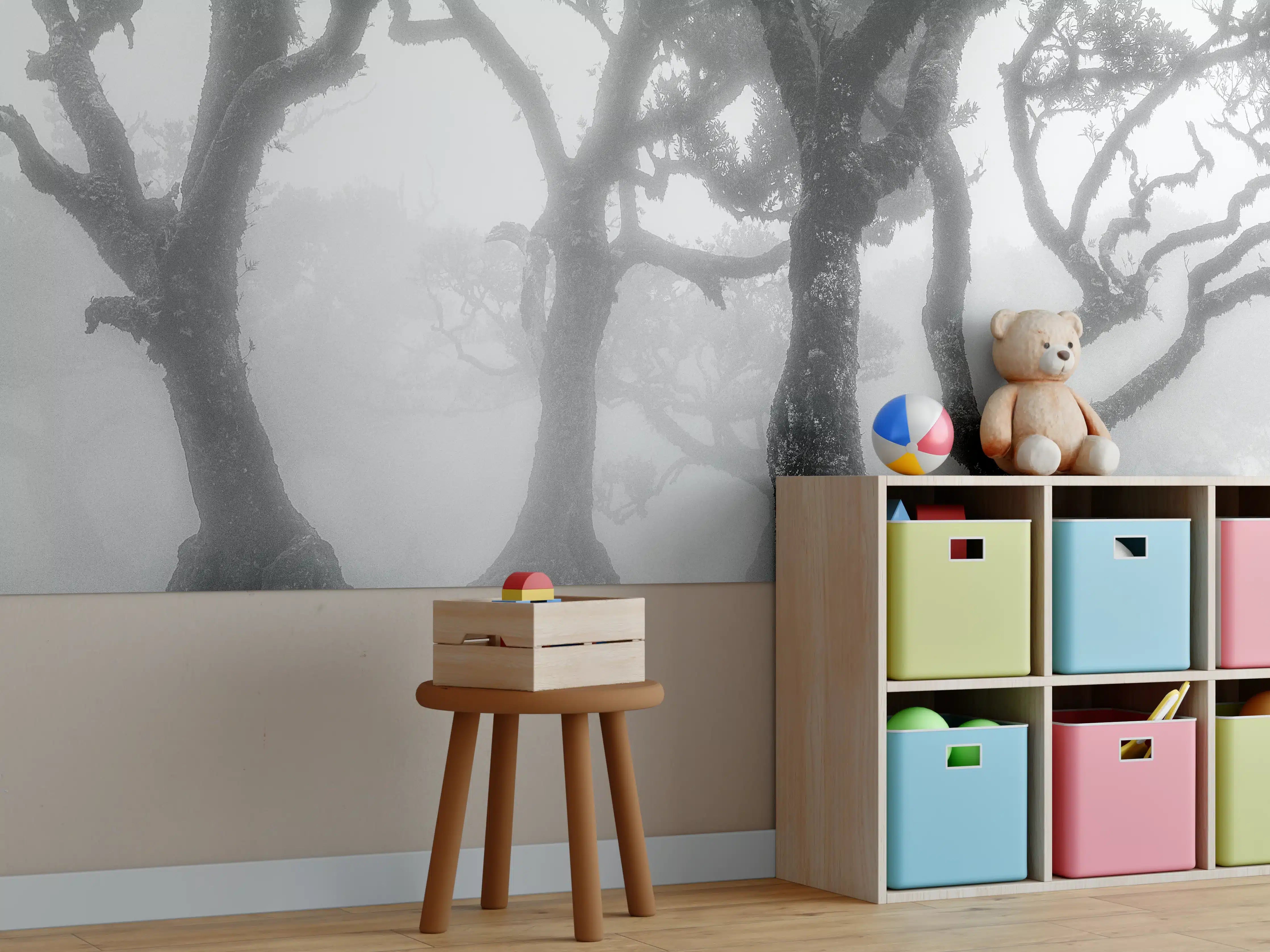Kinderzimmer Wandgestaltung - Nebelwald in Schwarz-Weiß