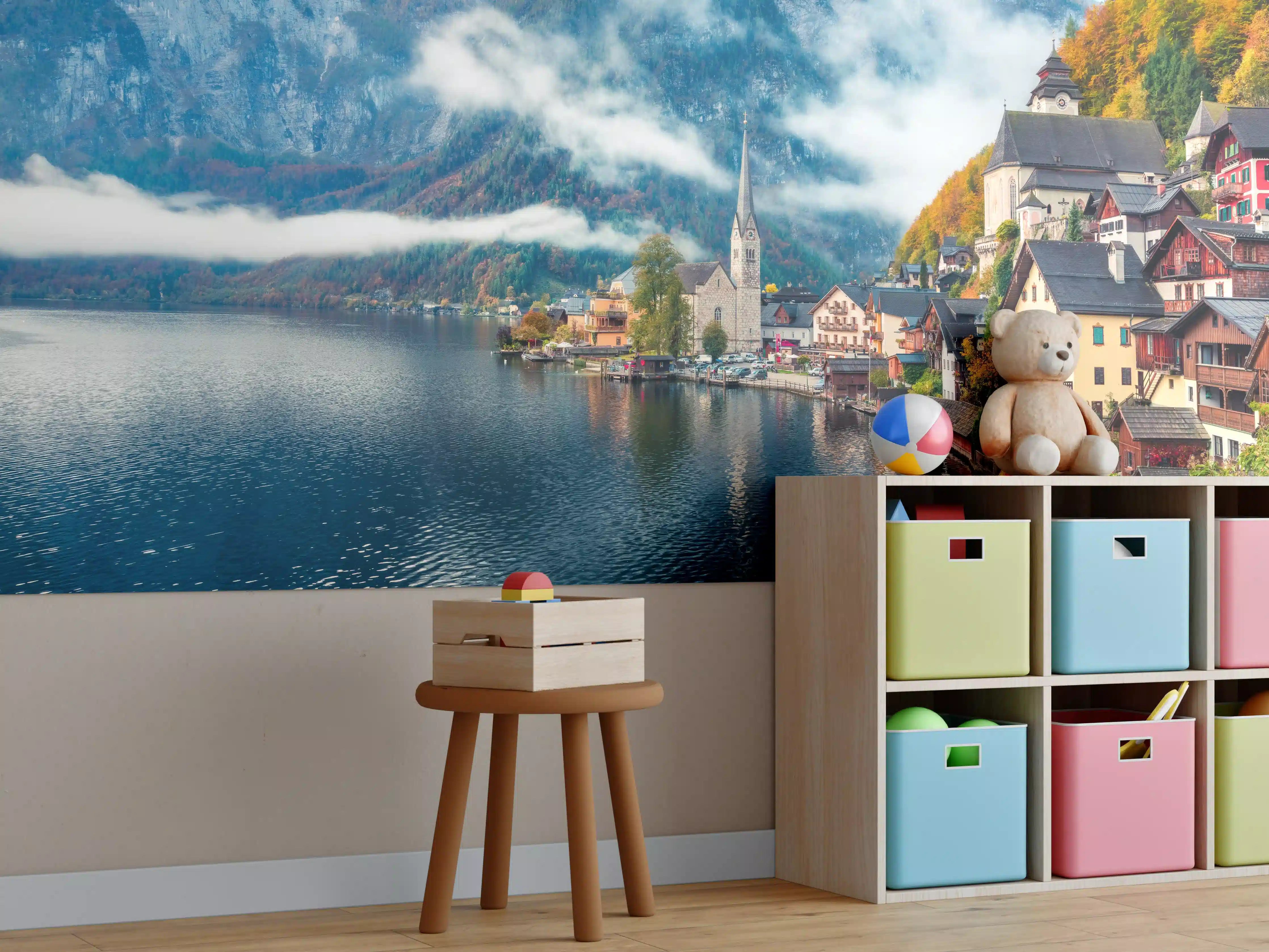 Kinderzimmer Wandgestaltung - Neblige Herbstszene am Hallstätter See
