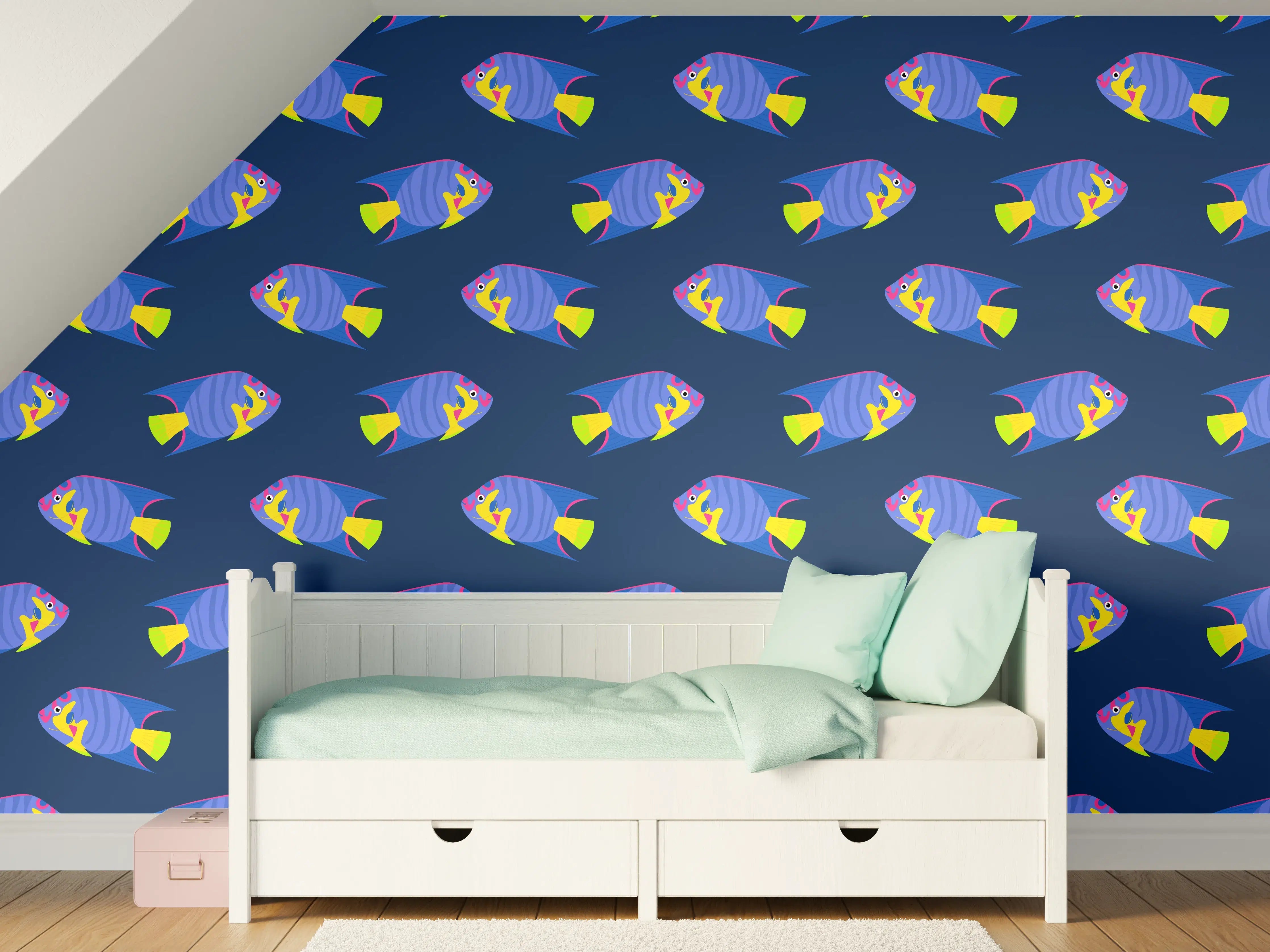 Kinderzimmer Wandgestaltung - Neon-Fische Blau-Gelb Muster