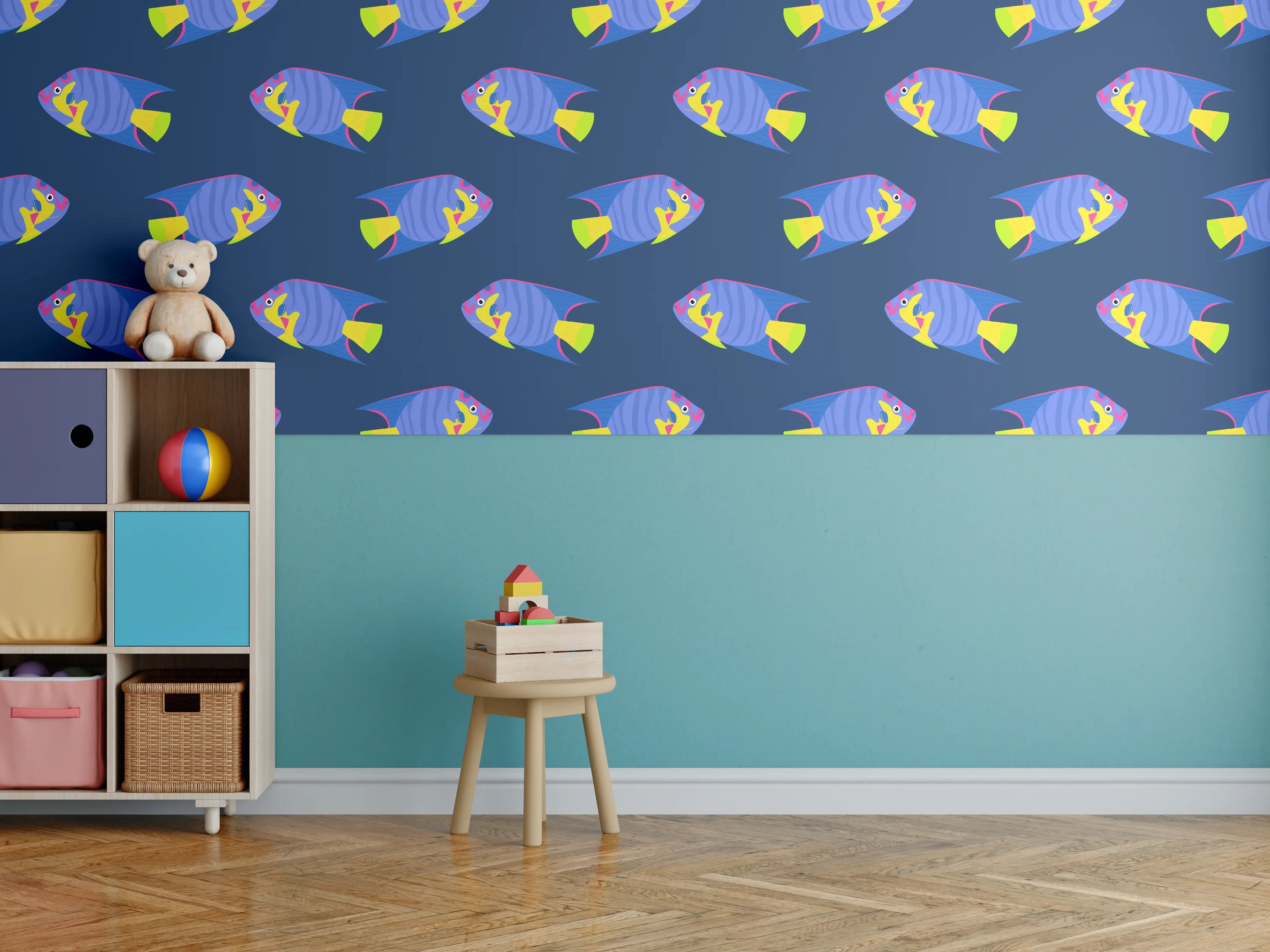 Kinderzimmer Wandgestaltung - Neon-Fische Blau-Gelb Muster