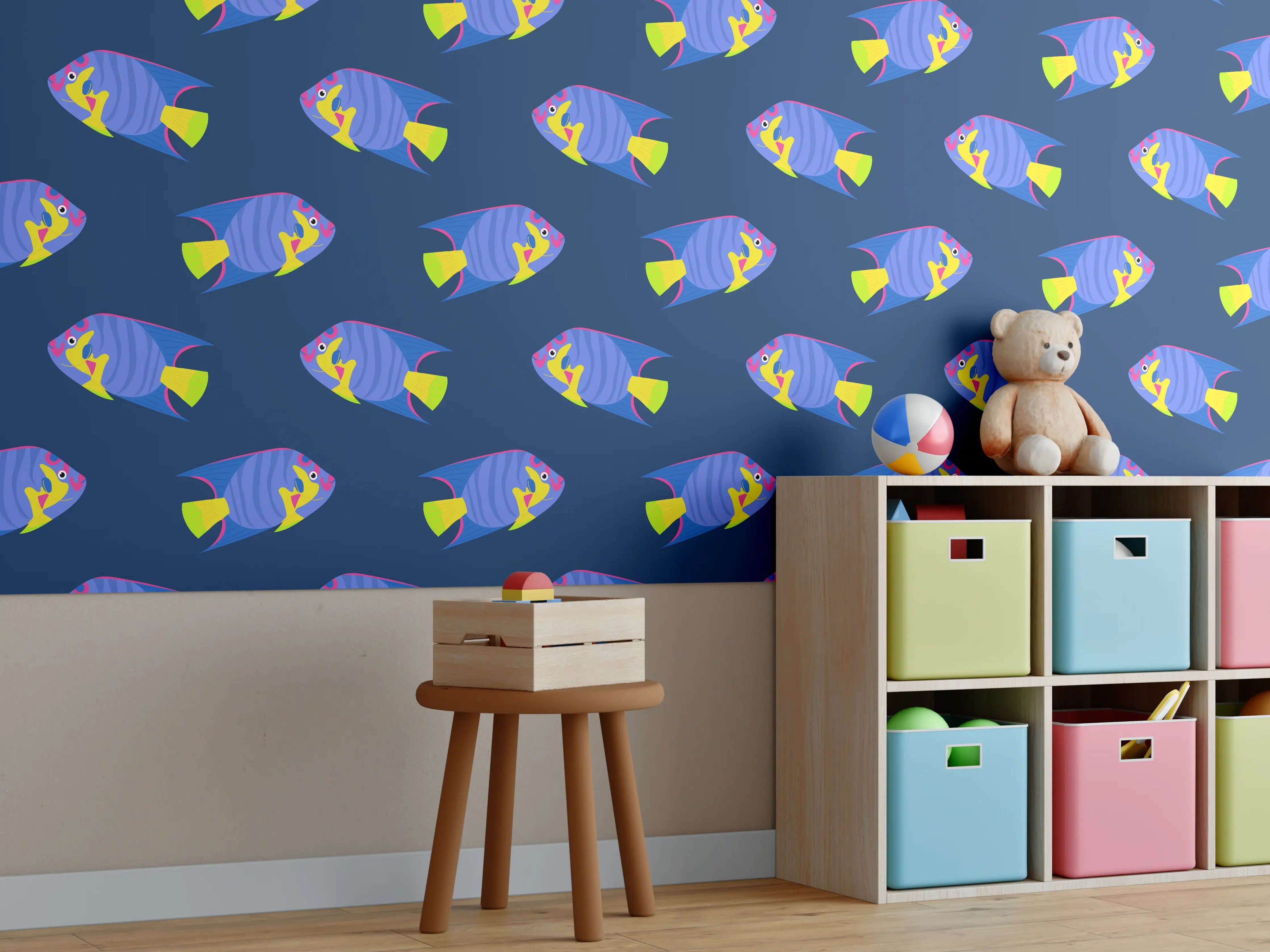 Kinderzimmer Wandgestaltung - Neon-Fische Blau-Gelb Muster