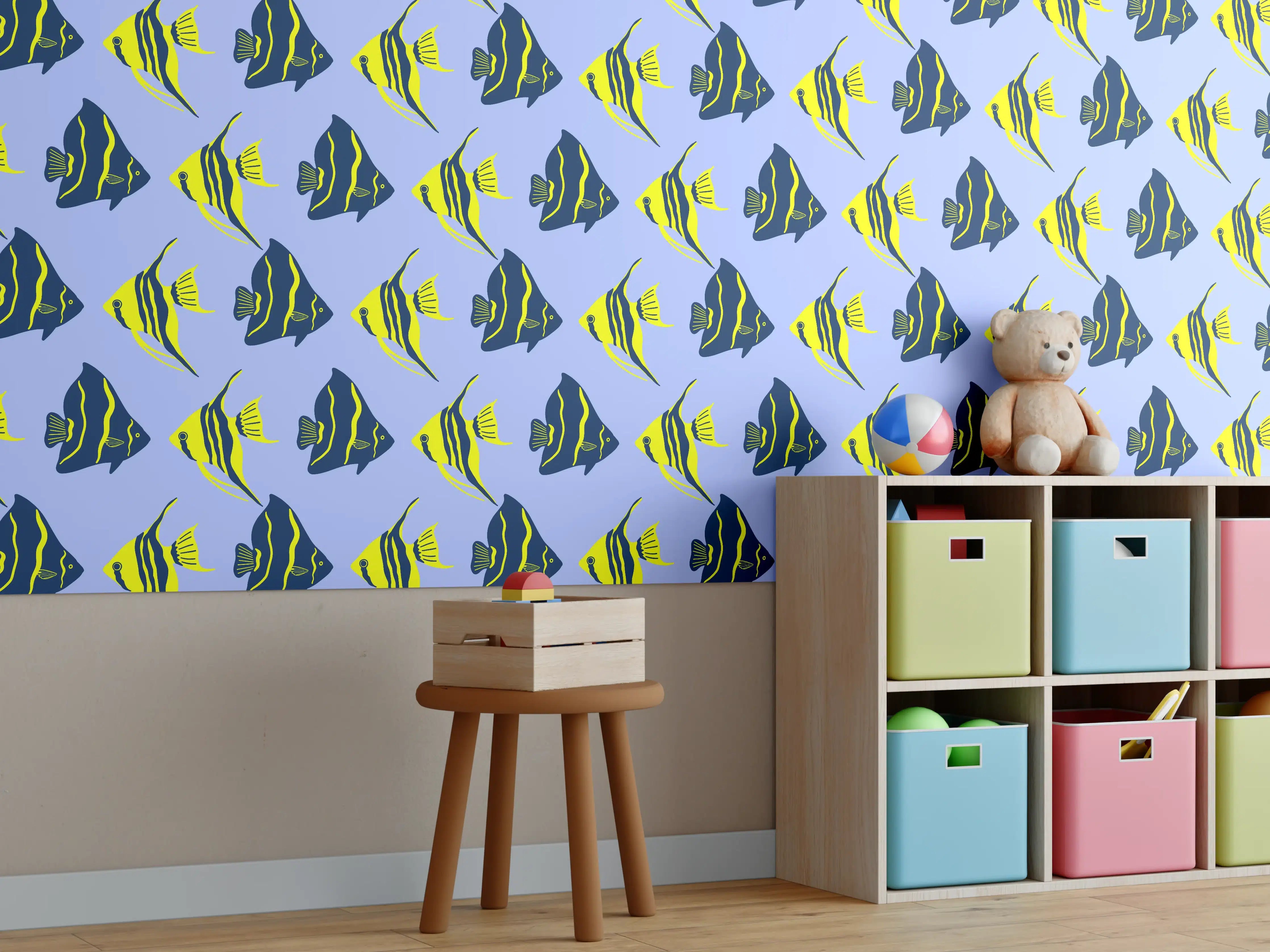 Kinderzimmer Wandgestaltung - Neon-Fischmuster Blau Gelb
